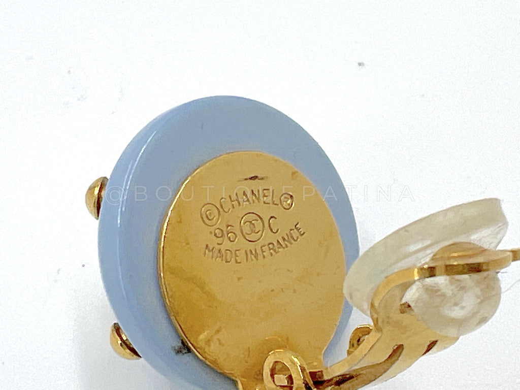 Chanel Vintage 96C Rare Pale Blue Gold Studded Pearl Drop Earrings