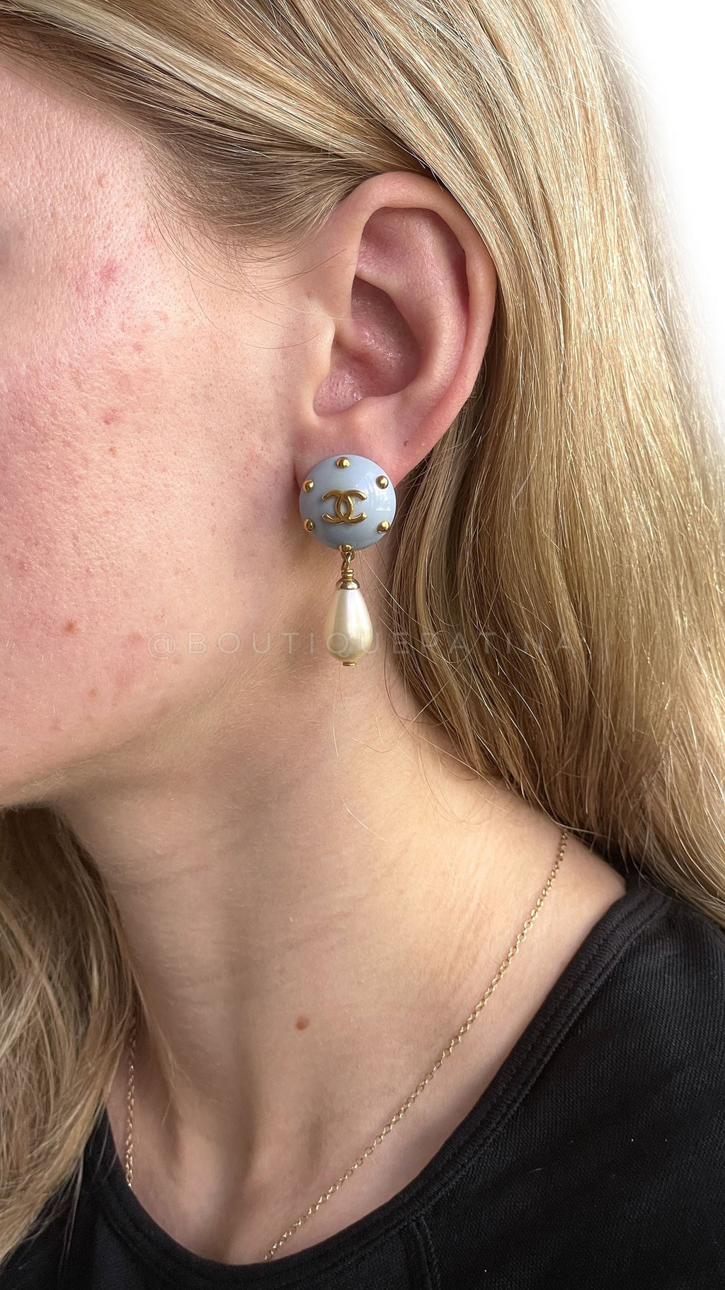 Chanel Vintage 96C Rare Pale Blue Gold Studded Pearl Drop Earrings