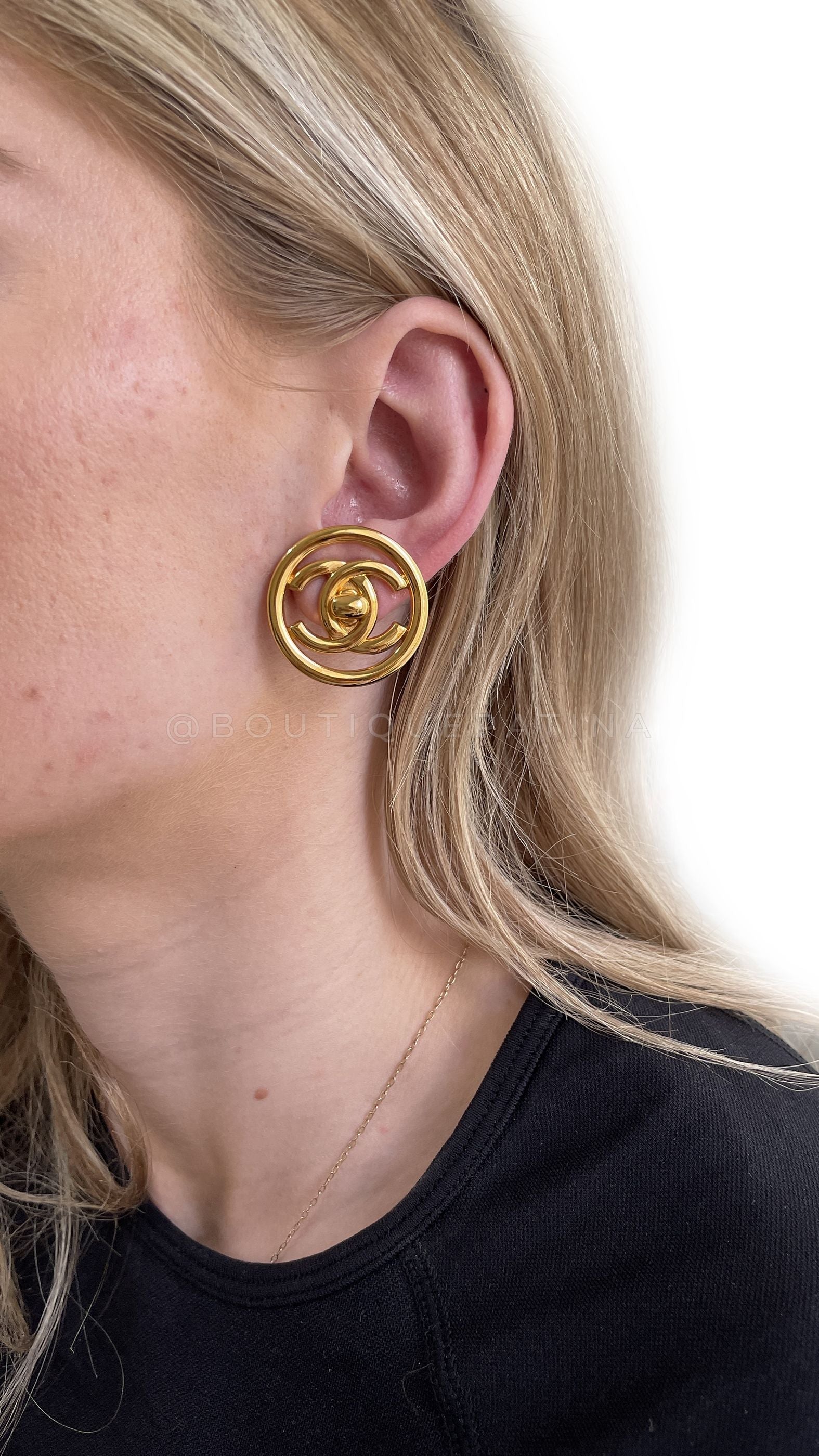 Chanel Vintage 97P Encircled Turnlock Stud Earrings