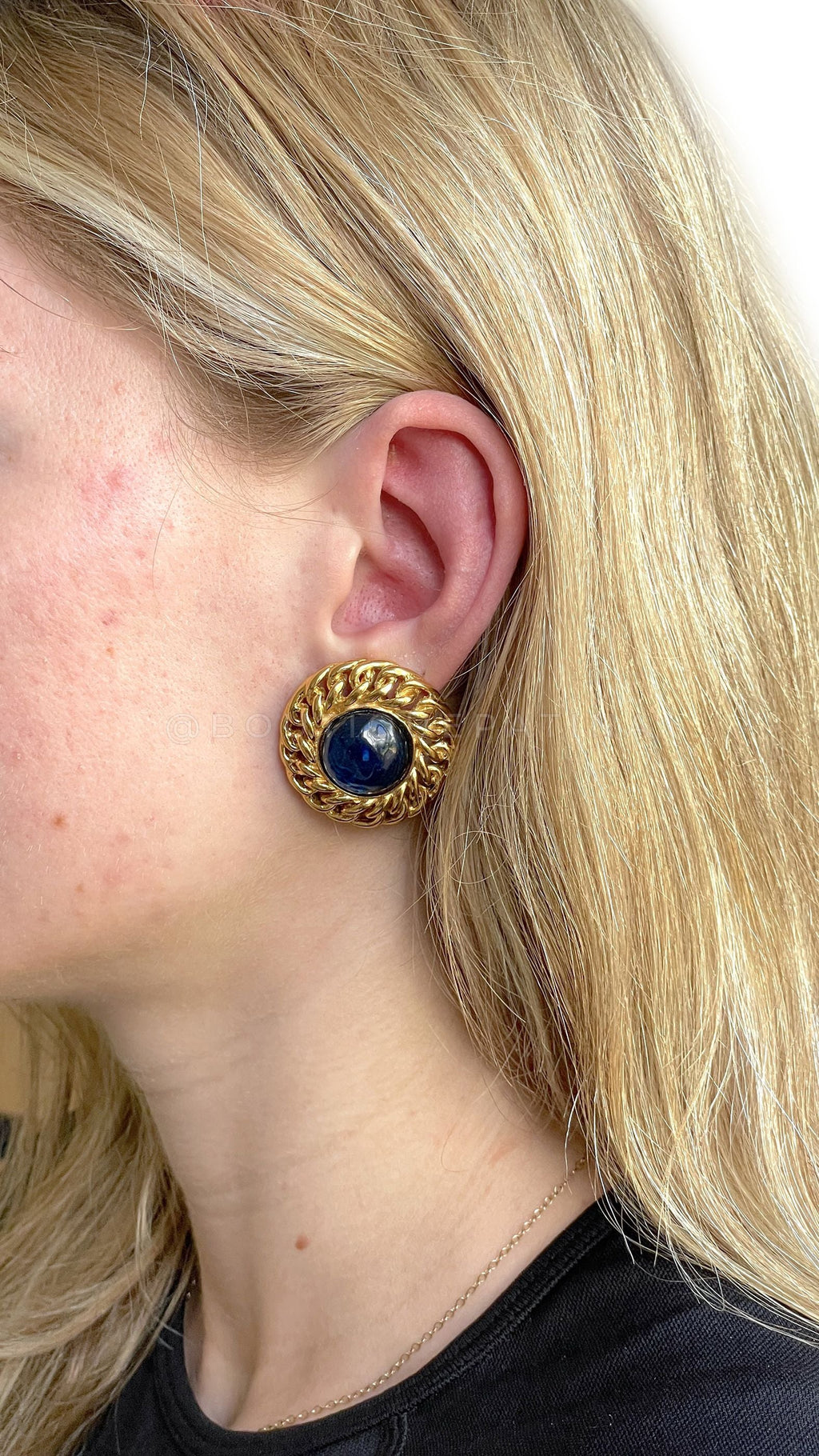 Chanel Vintage Blue Gripoix Glass Chain Framed Large Stud Earrings