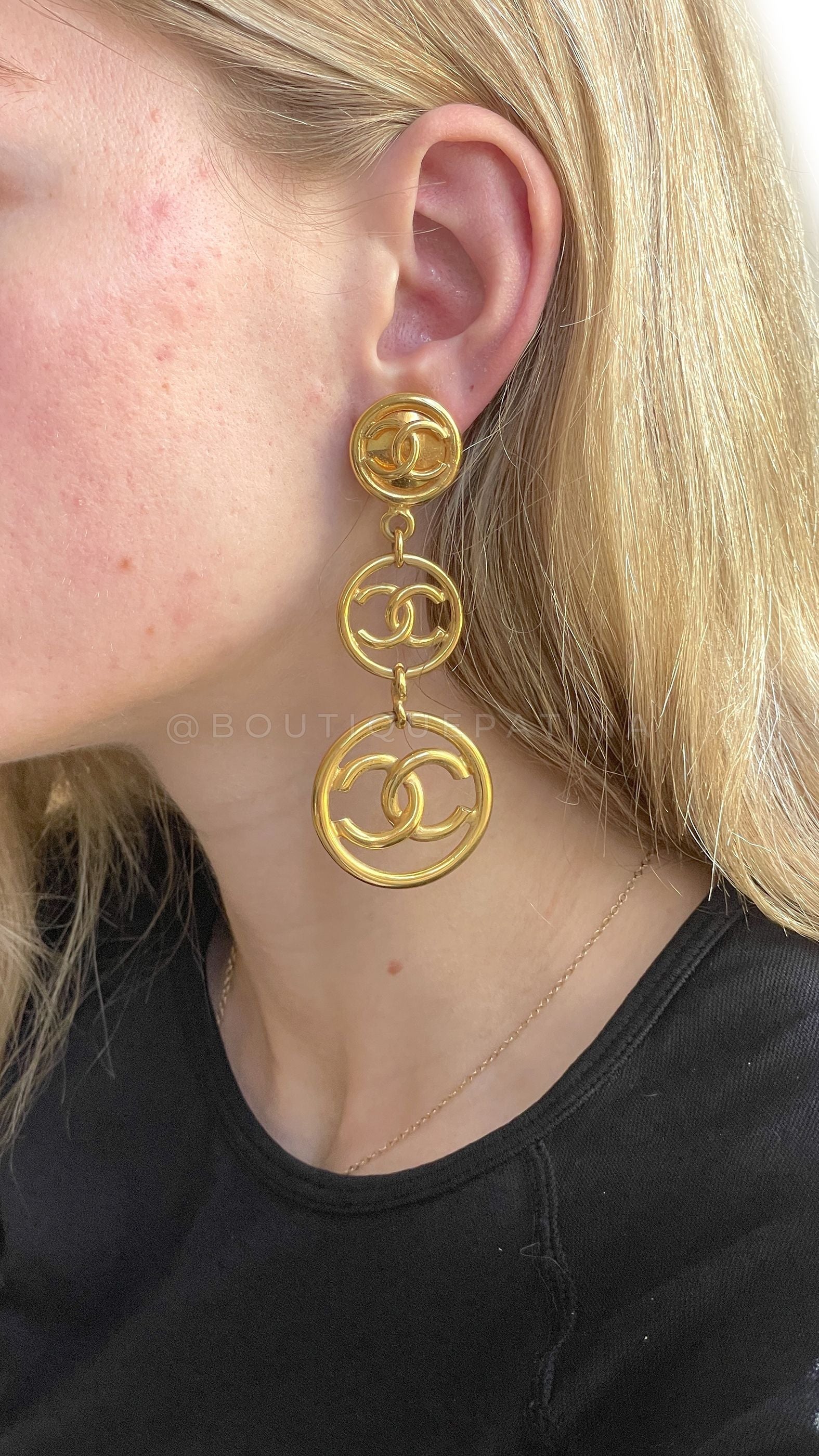 Chanel 93P Vintage Long Triple CC Logo Drop Earrings