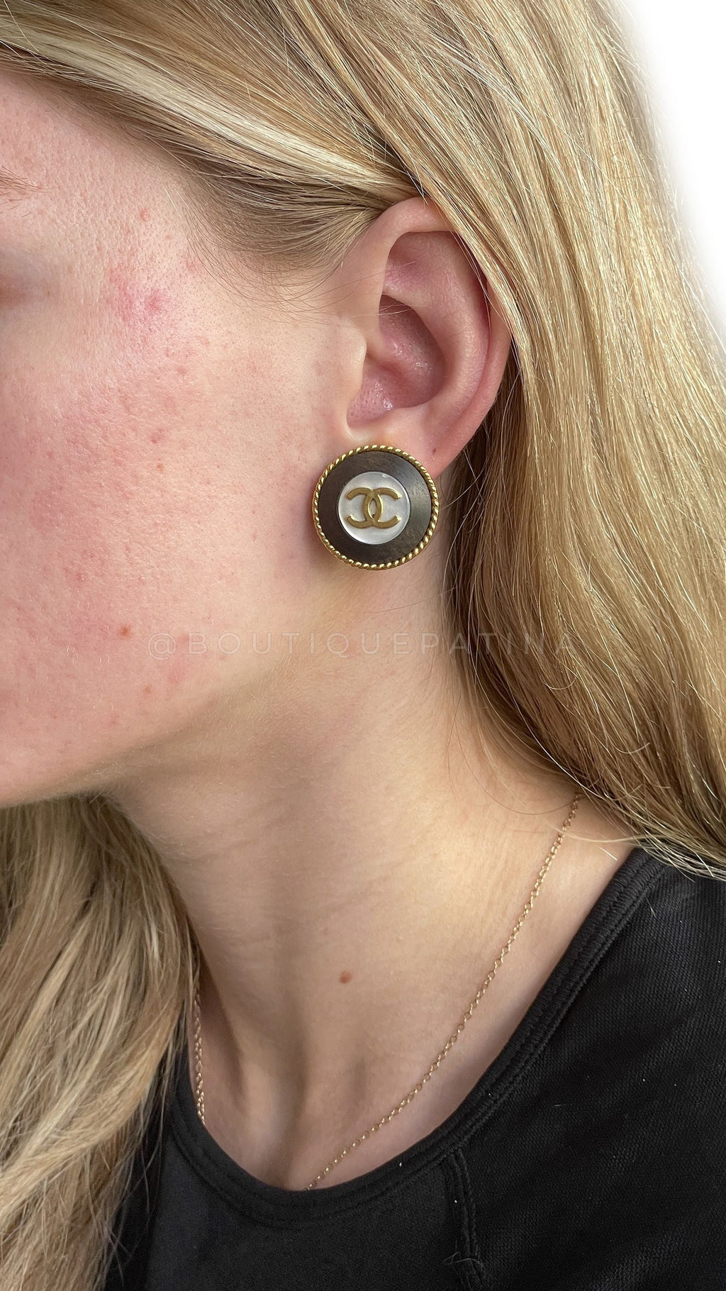 Chanel Vintage 96P Mother of Pearl Wooden CC Logo Stud Earrings Wood