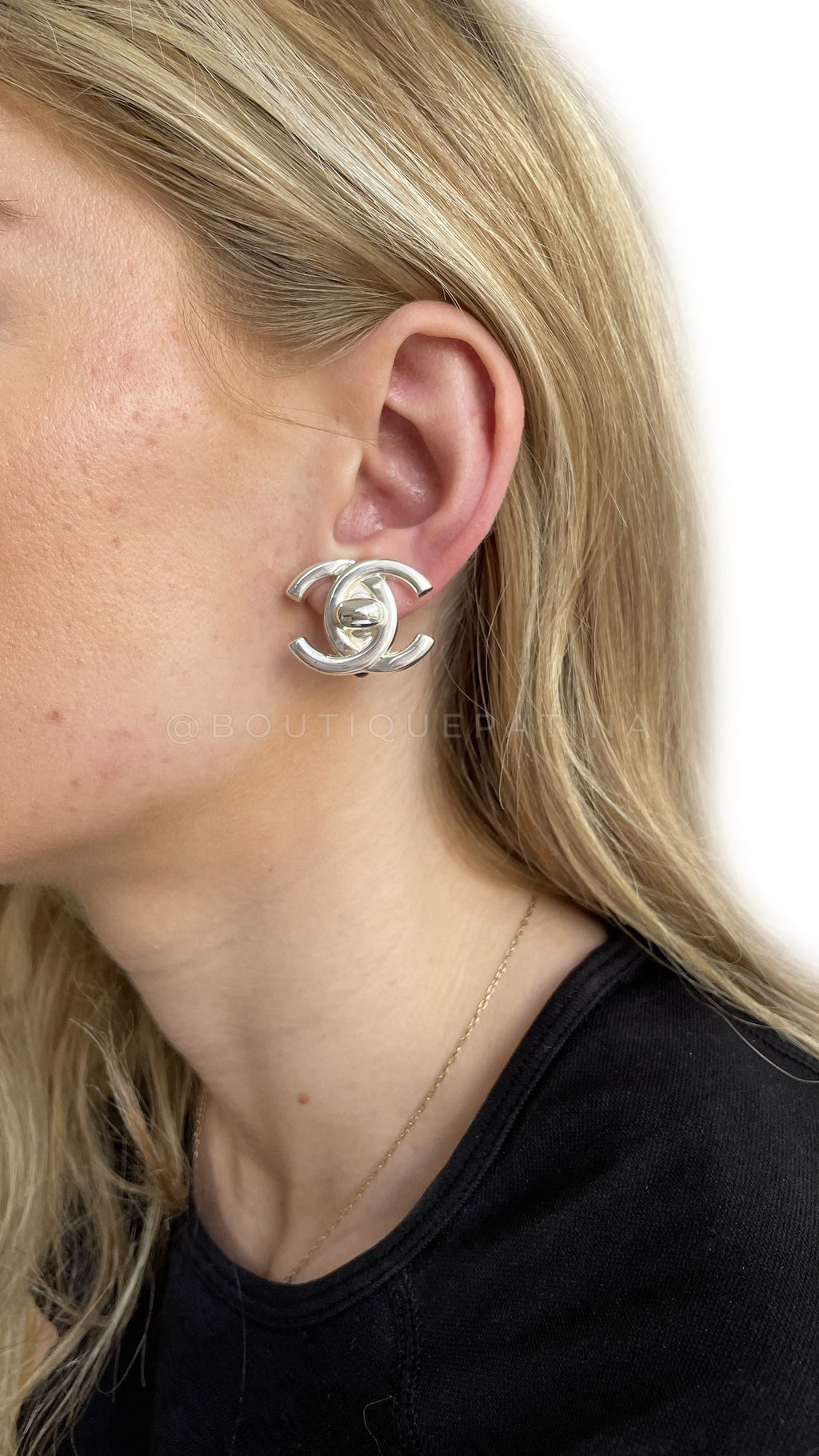 Chanel Vintage 96A Silver Classic Turnlock Stud Earrings