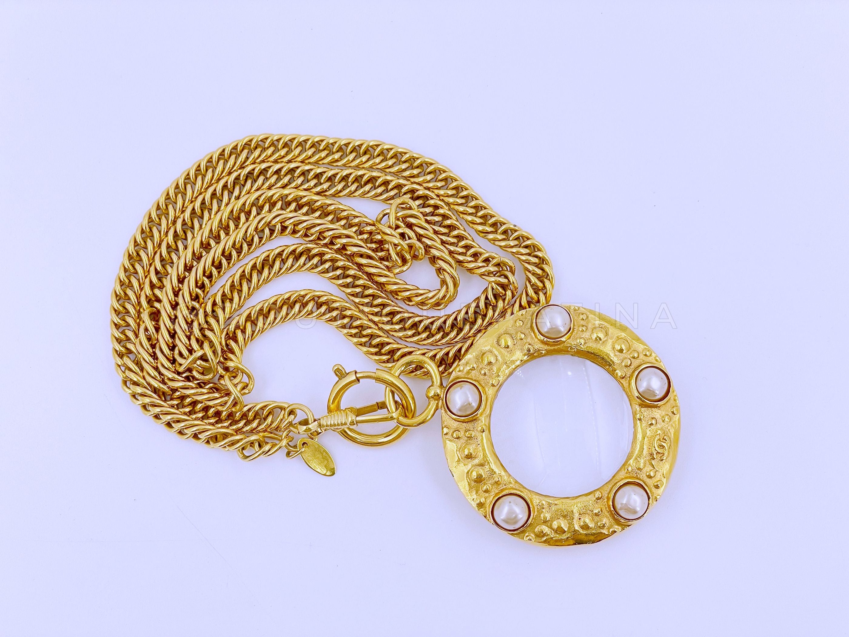 Chanel Magnifying Glass Necklace Vintage Collection 23 Pearl Studded Pendant Long Chain