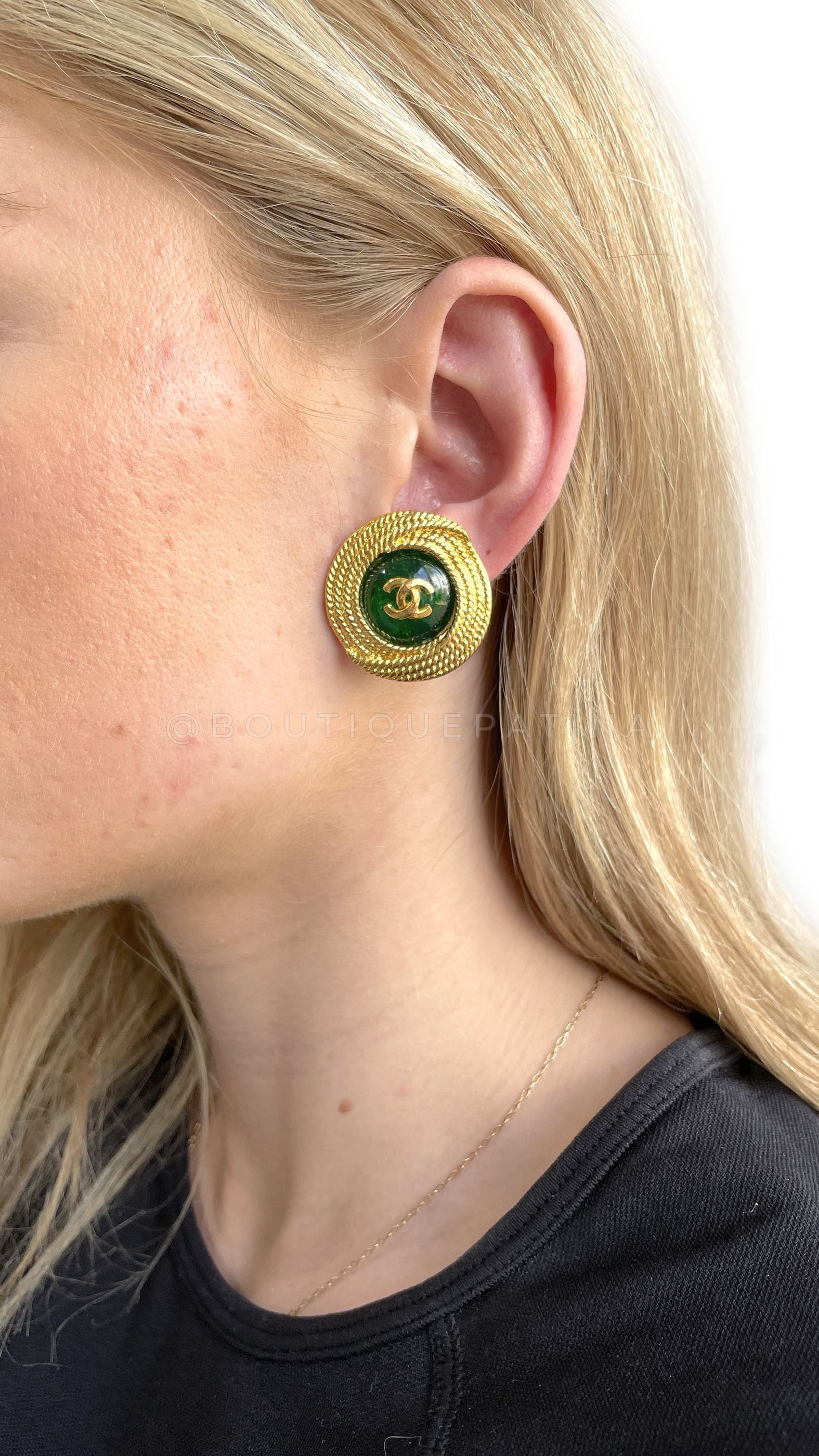 Chanel Vintage 96A Gold Green Gripoix Stud Earrings