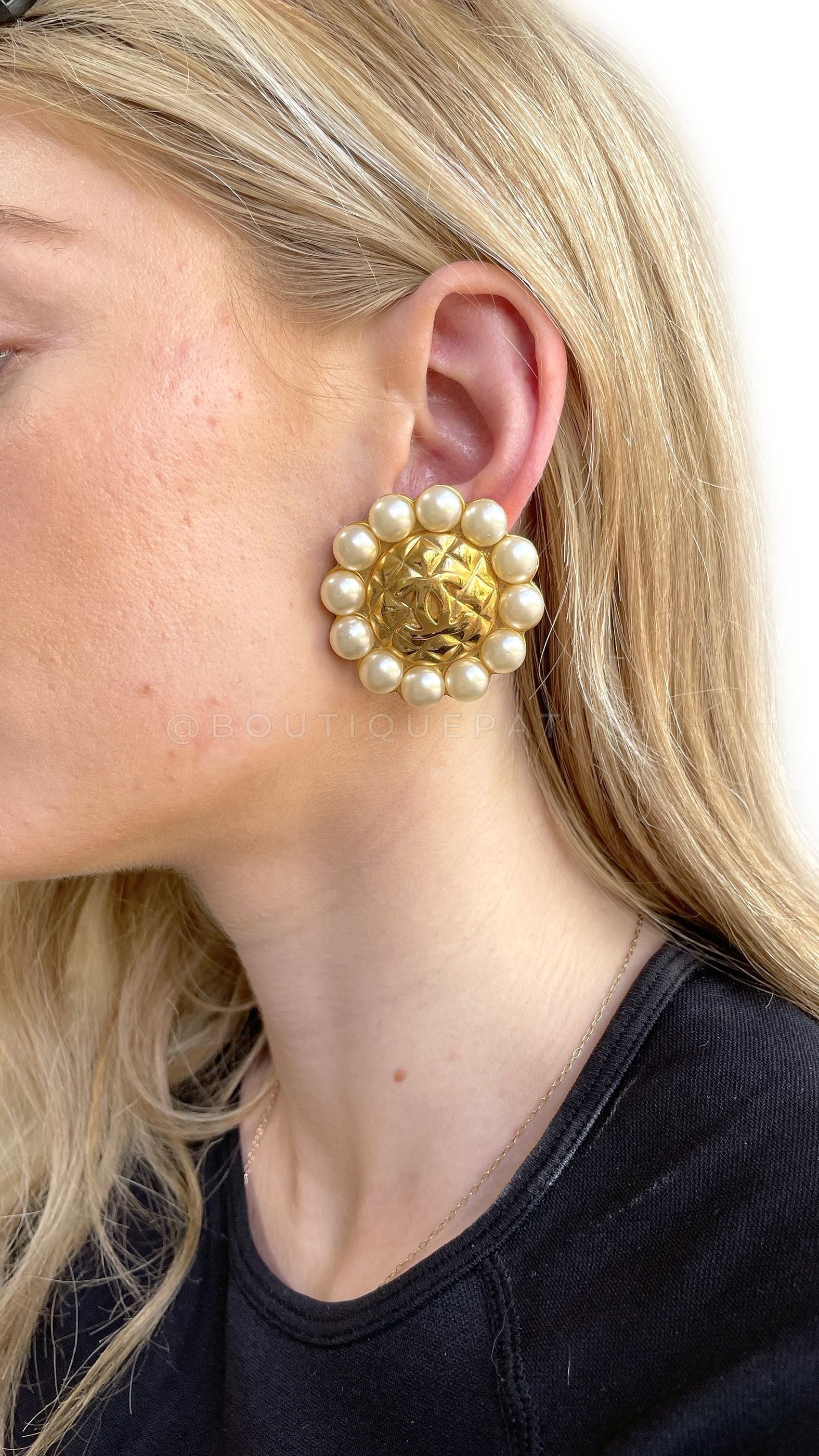 Chanel Vintage Collection 23 Pearl Framed Oversized Quilted Logo Giant Stud Earrings