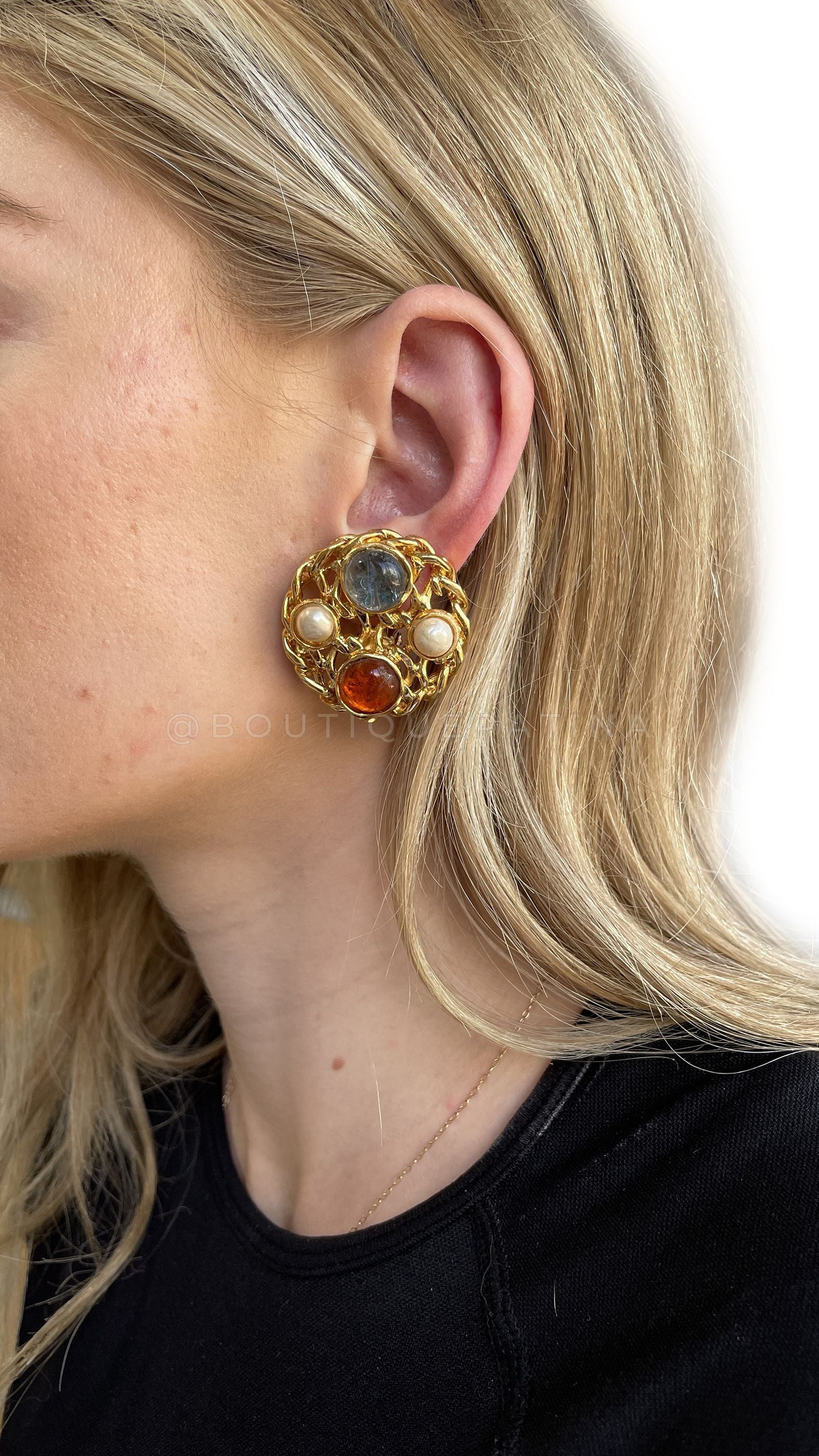 Chanel Vintage Gripoix and Pearl Studded Large Chain Wafer Earrings 1980s