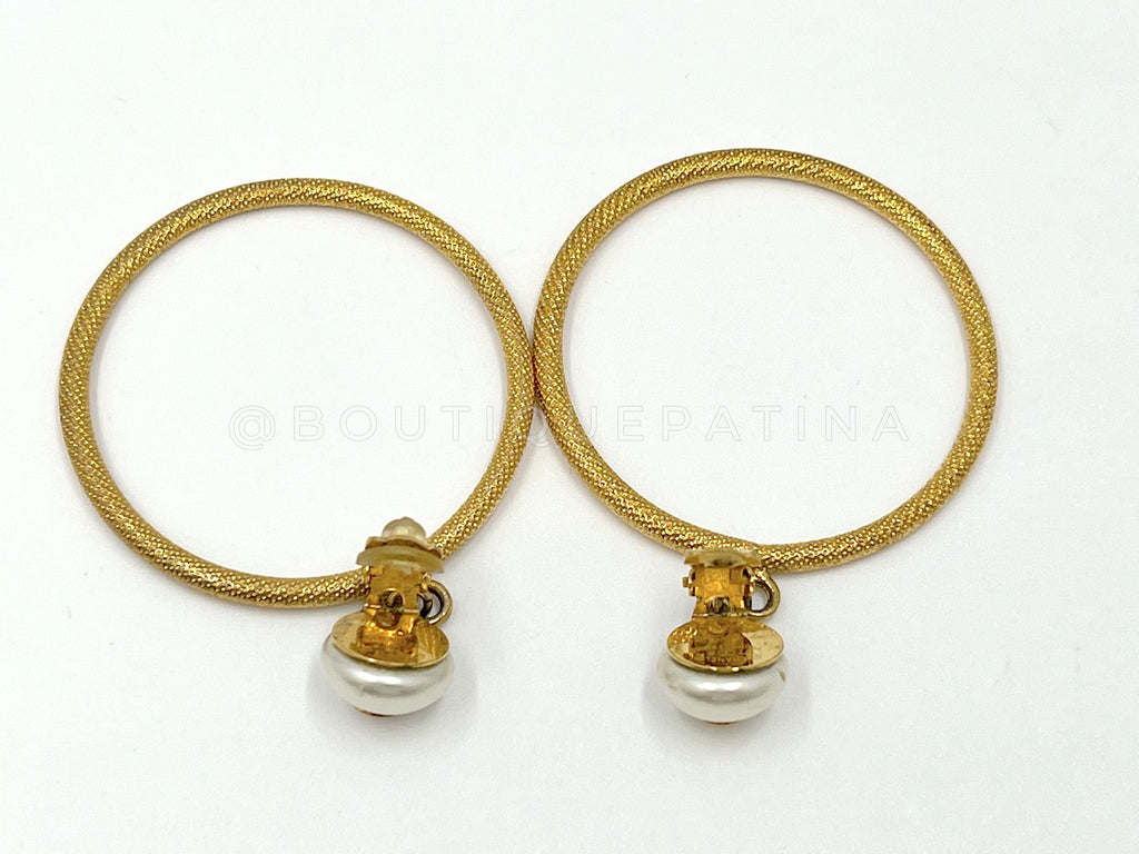 Chanel Vintage 97P Pearl CC Matte Gold Hoop Dangle Earrings