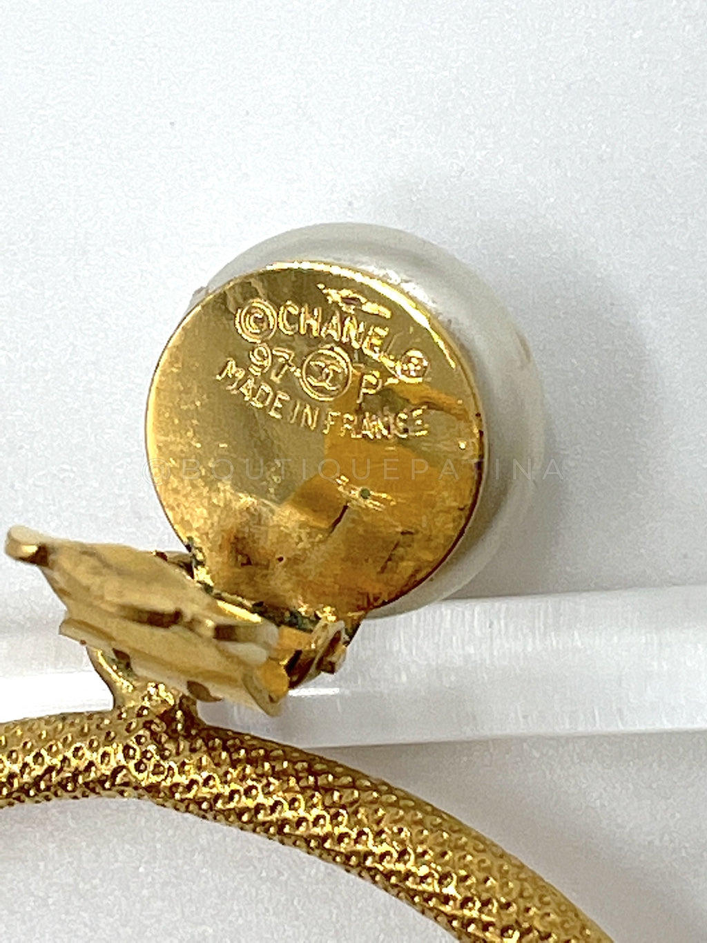 Chanel Vintage 97P Pearl CC Matte Gold Hoop Dangle Earrings