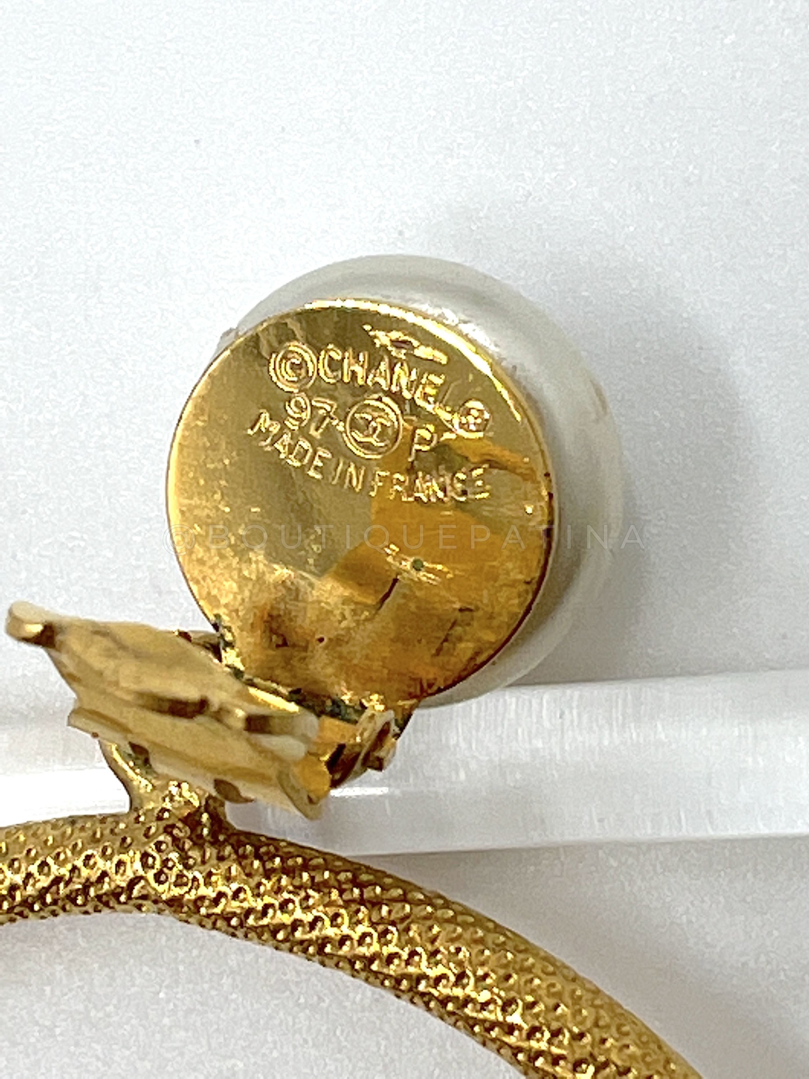 Chanel Vintage 97P Pearl CC Matte Gold Hoop Dangle Earrings