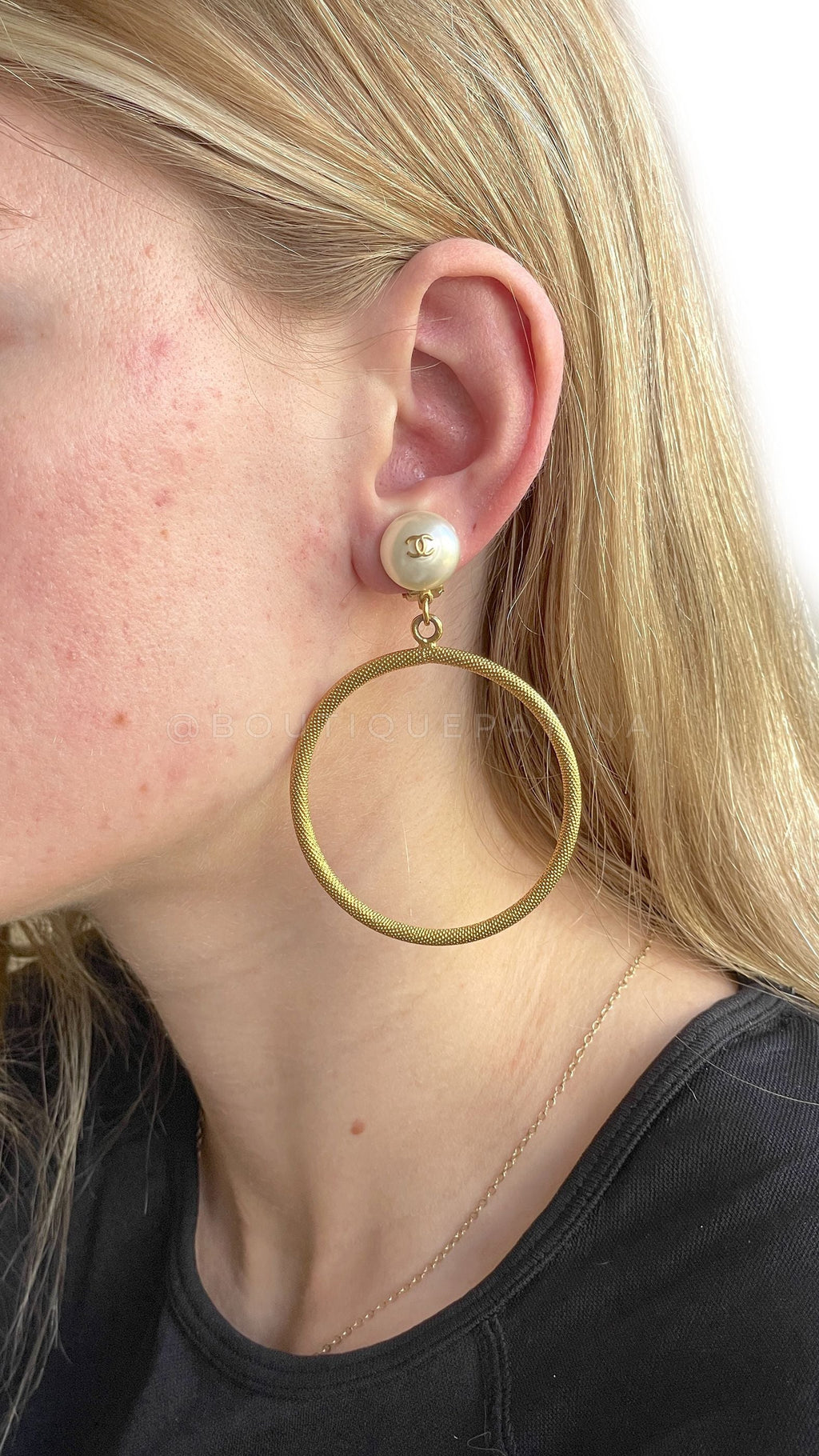 Chanel Vintage 97P Pearl CC Matte Gold Hoop Dangle Earrings