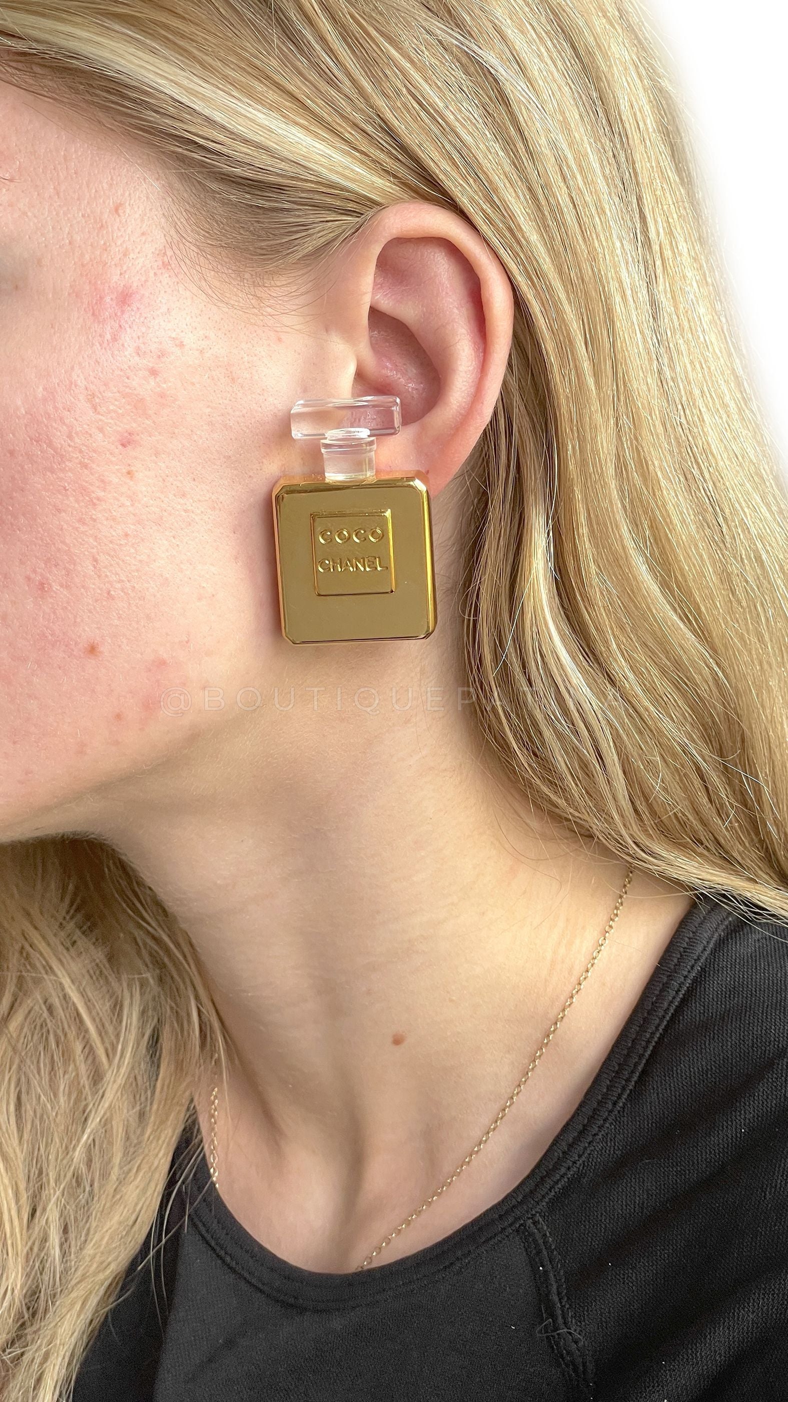 Chanel Vintage 80s Giant Coco Chanel Gold and Resin Perfume Bottle Stud Earrings