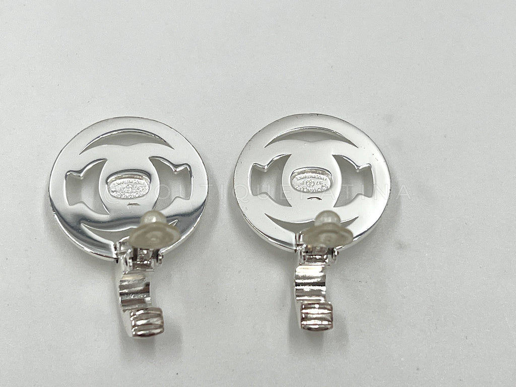 Chanel Vintage 97P Encircled Turnlock Drop Earrings Silver
