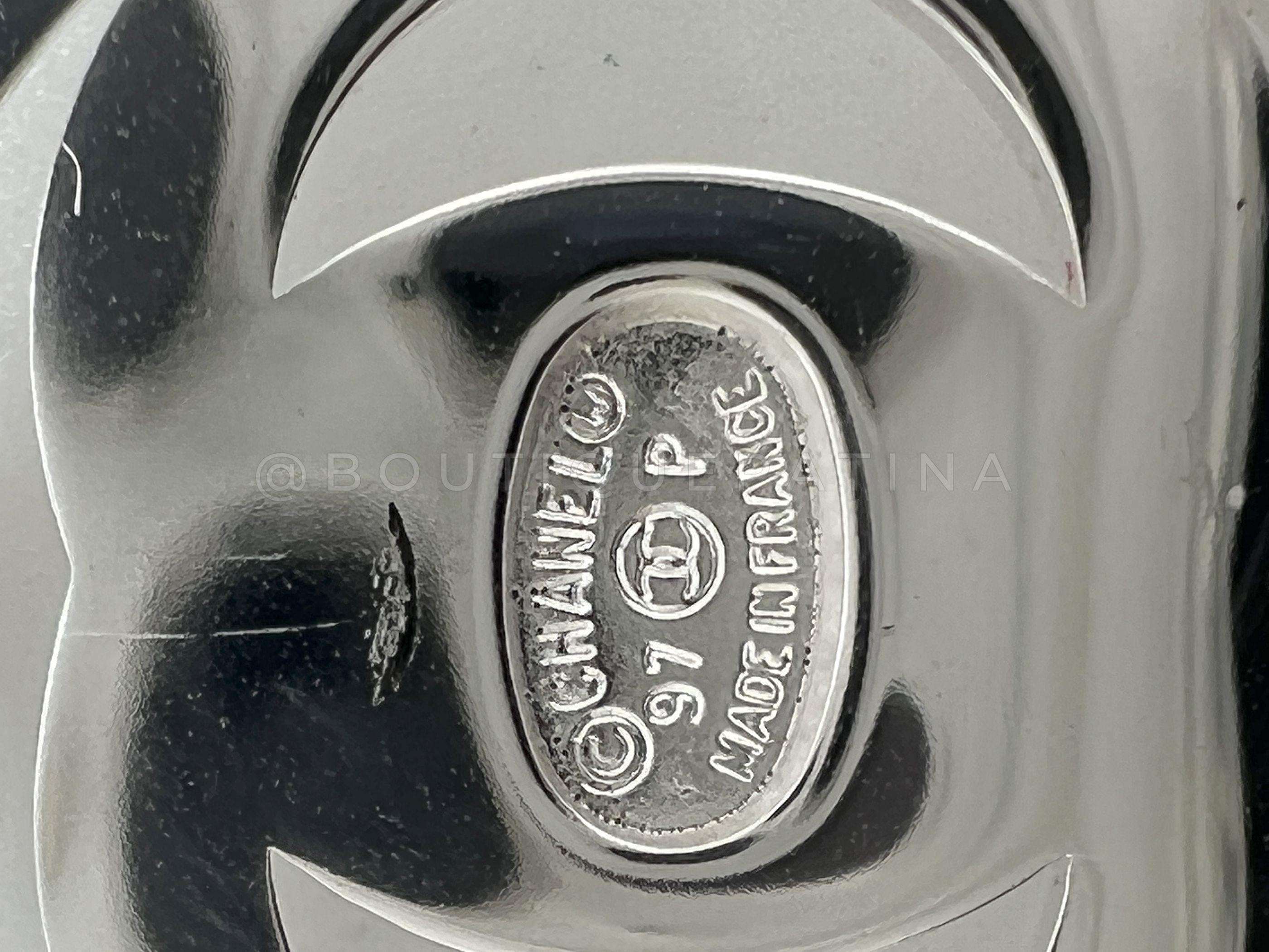 Chanel Vintage 97P Encircled Turnlock Drop Earrings Silver