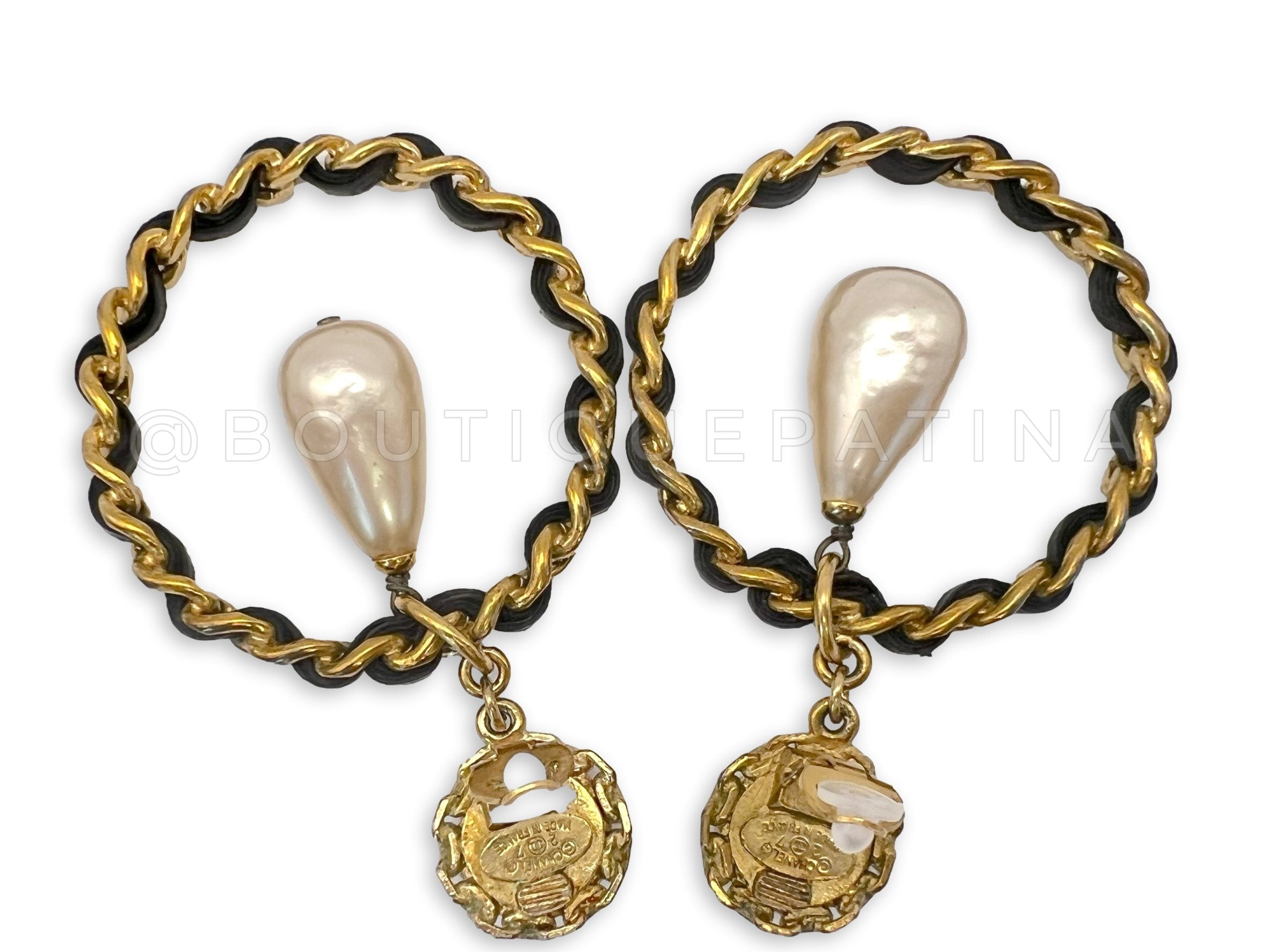 Chanel Vintage Woven Chain Collection 27 Pearl Drop Hoop Earrings