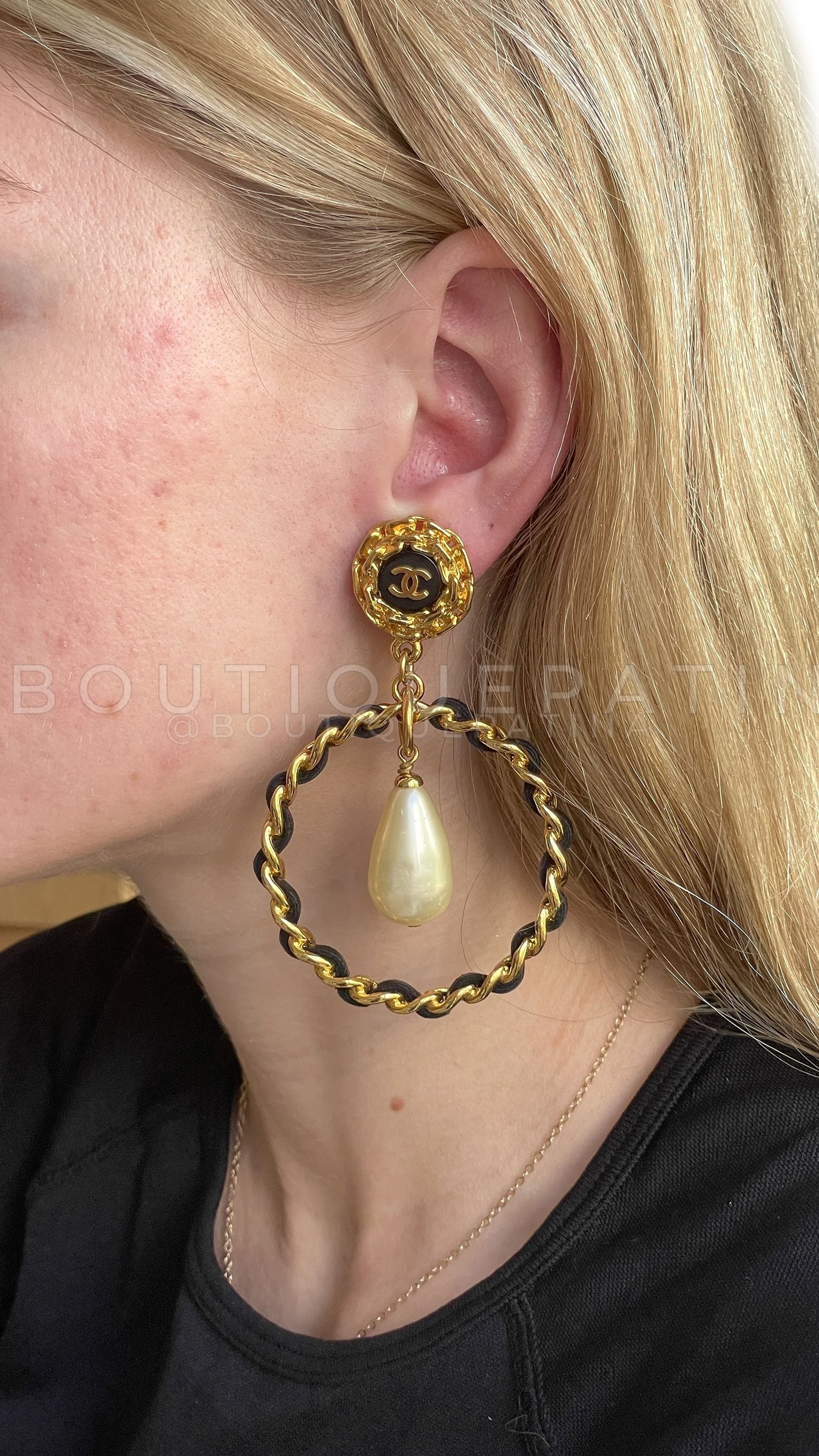 Chanel Vintage Woven Chain Collection 27 Pearl Drop Hoop Earrings