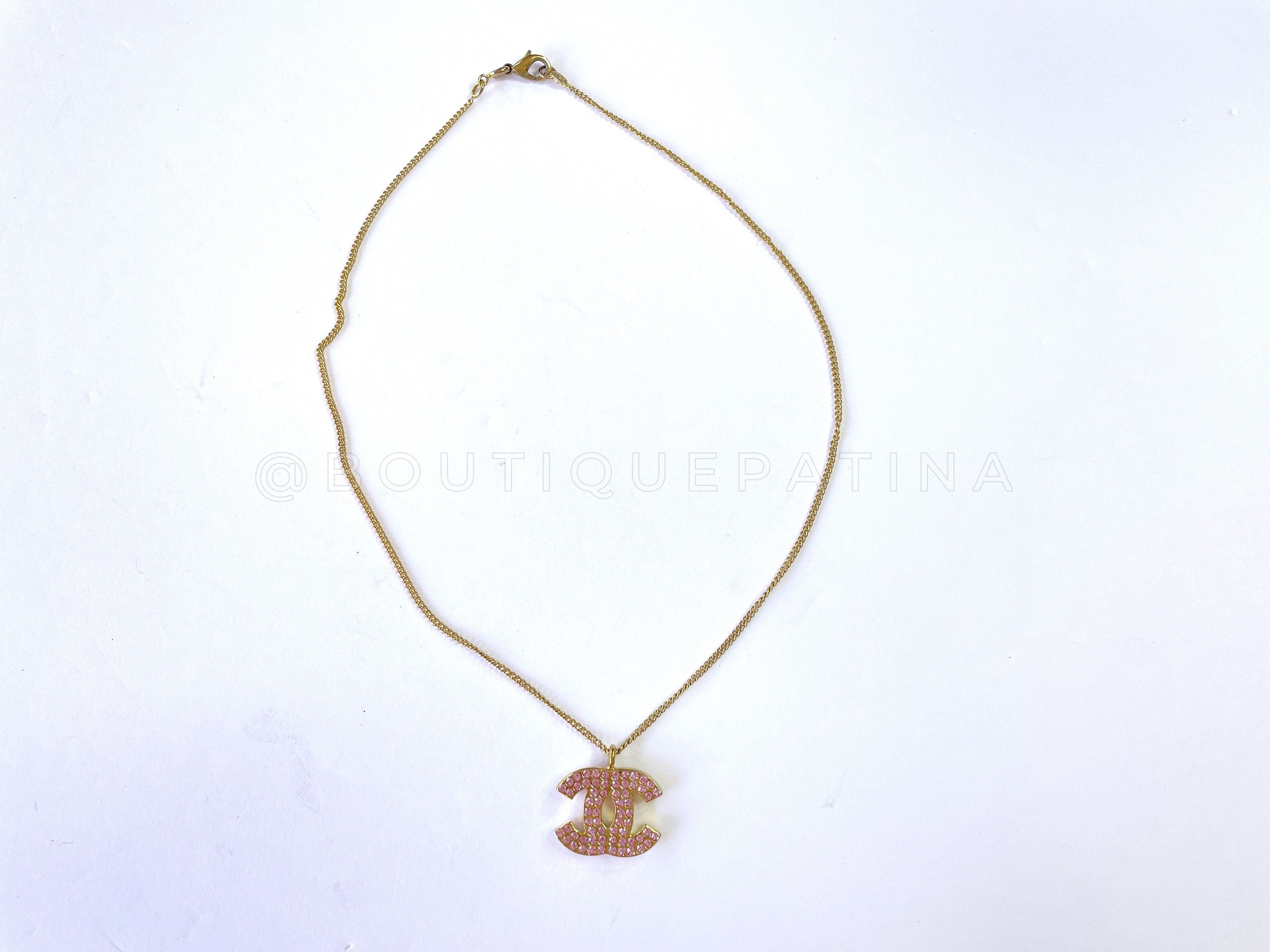 Chanel 02P Vintage Pink Crystal Studded Gold Necklace