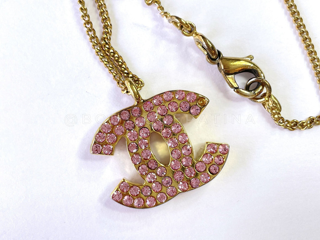 Chanel 02P Vintage Pink Crystal Studded Gold Necklace
