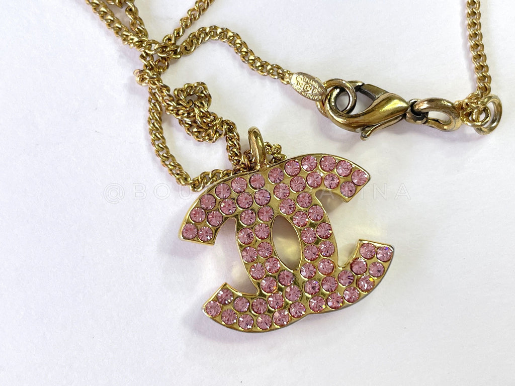 Chanel 02P Vintage Pink Crystal Studded Gold Necklace