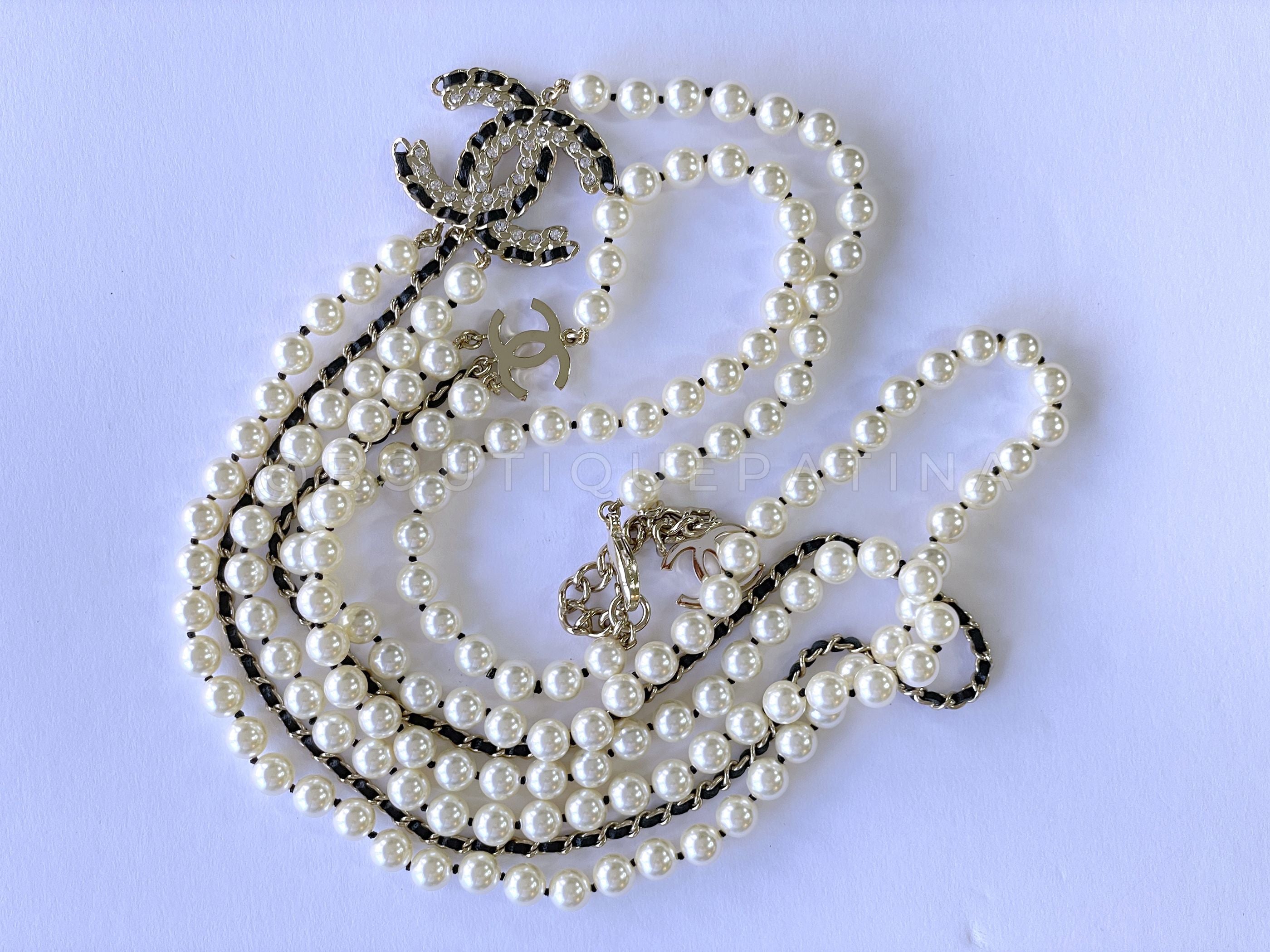 Chanel 20C Long Pearl Necklace Triple Strand Crystal Woven CC
