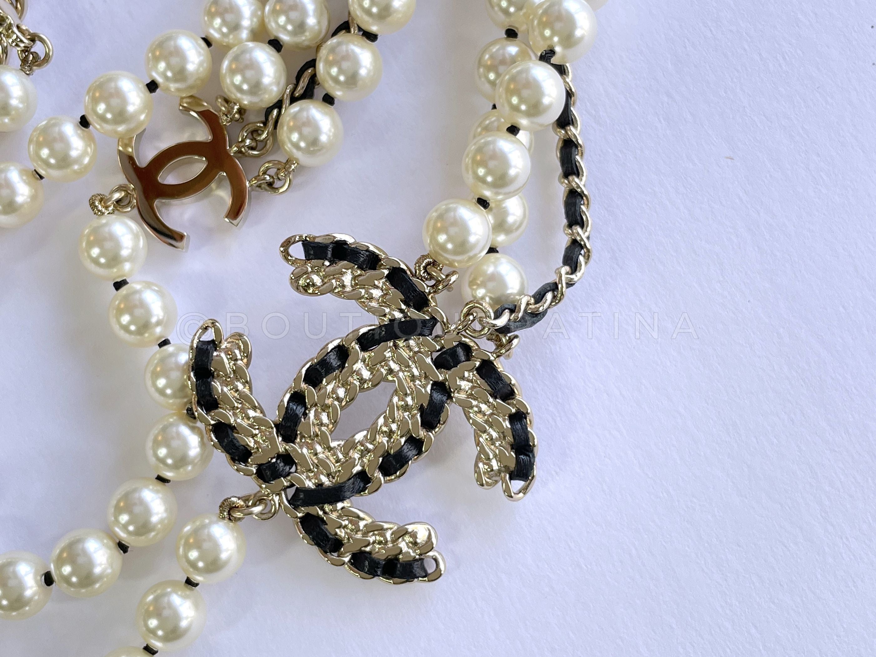 Chanel 20C Long Pearl Necklace Triple Strand Crystal Woven CC