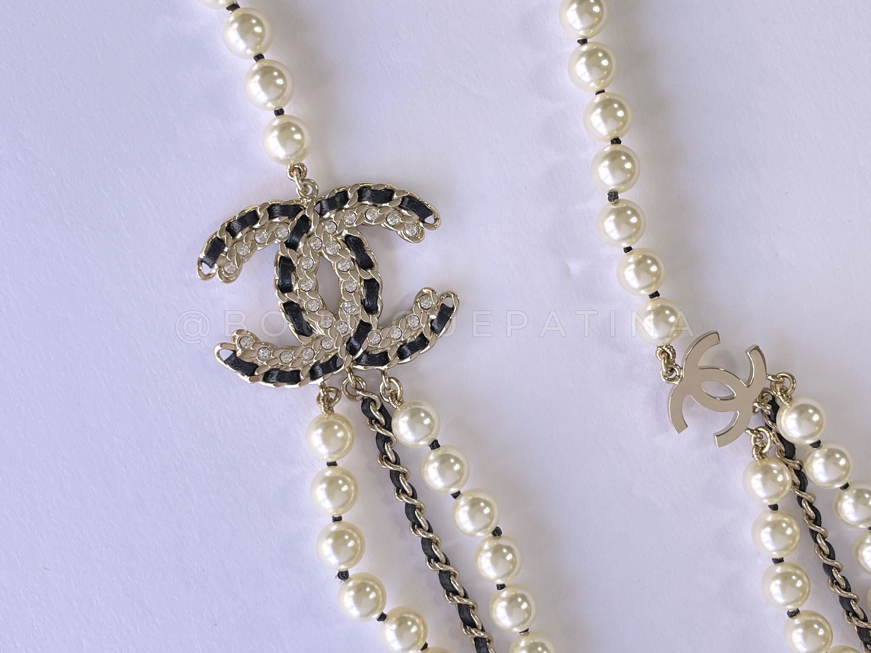 Chanel 20C Long Pearl Necklace Triple Strand Crystal Woven CC