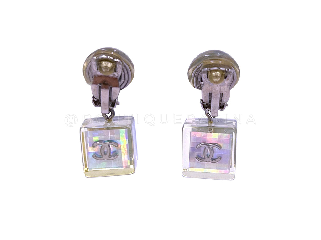 Chanel Vintage 97P Holographic Resin Drop Earrings White Silver