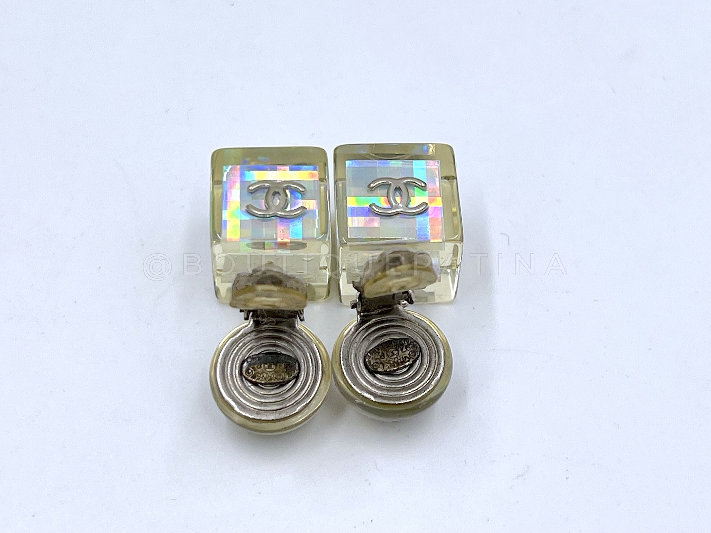 Chanel Vintage 97P Holographic Resin Drop Earrings White Silver