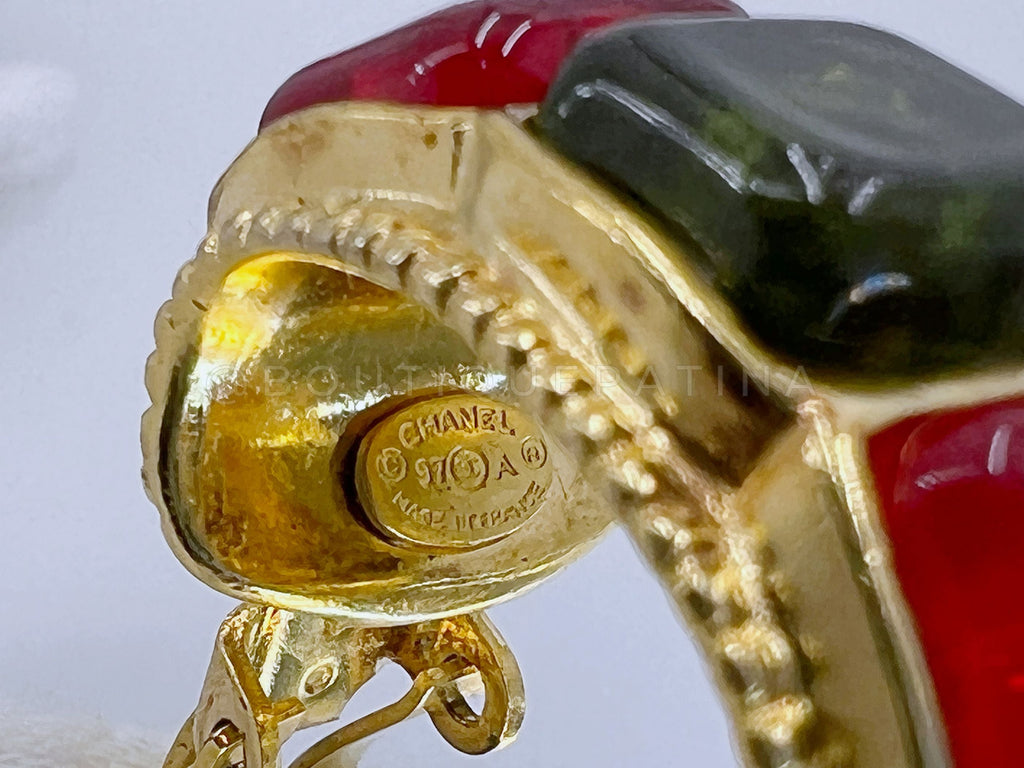 Chanel Gripoix Earrings Red and Green Vintage 97A Stone Hoop