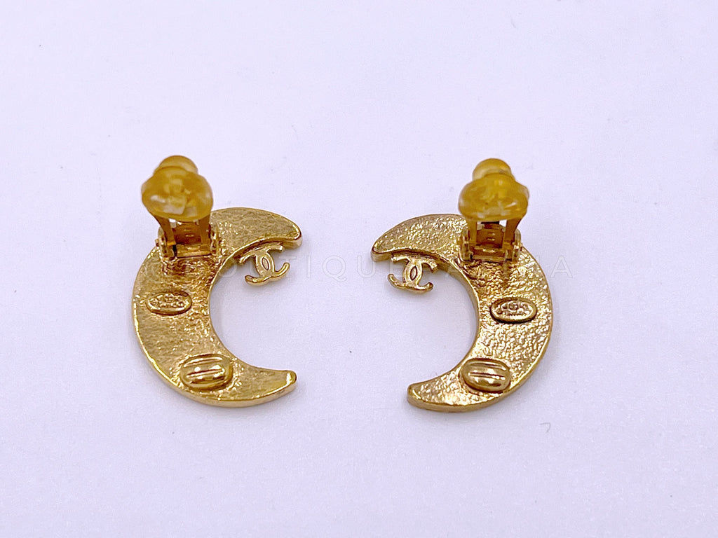 Rare Chanel Vintage 01P Crescent Moon Crystal Stud Earrings