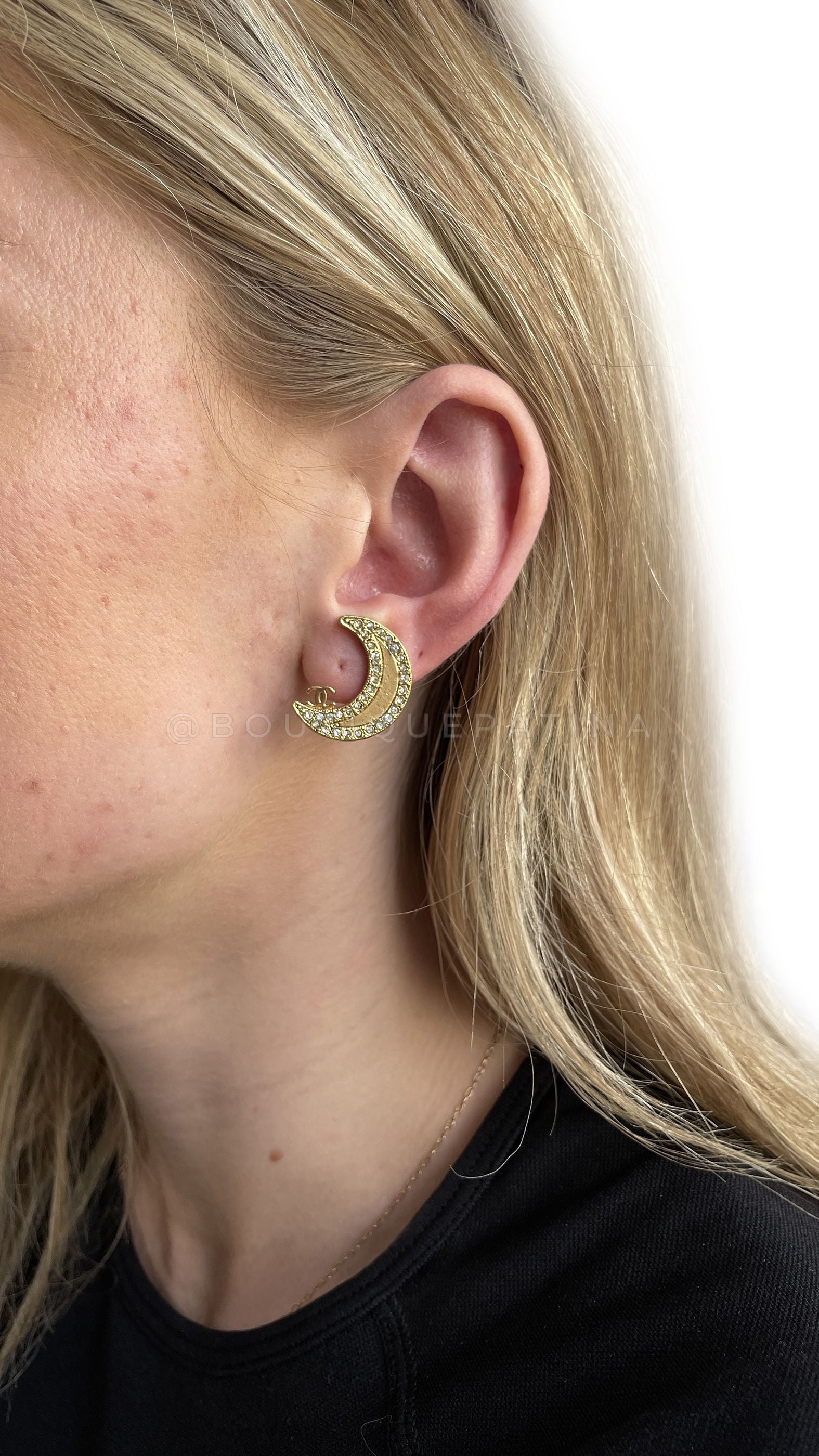 Rare Chanel Vintage 01P Crescent Moon Crystal Stud Earrings