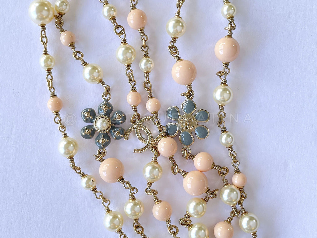 Chanel 18C Pink Gray-Blue Pearl and Bead Long Station Necklace