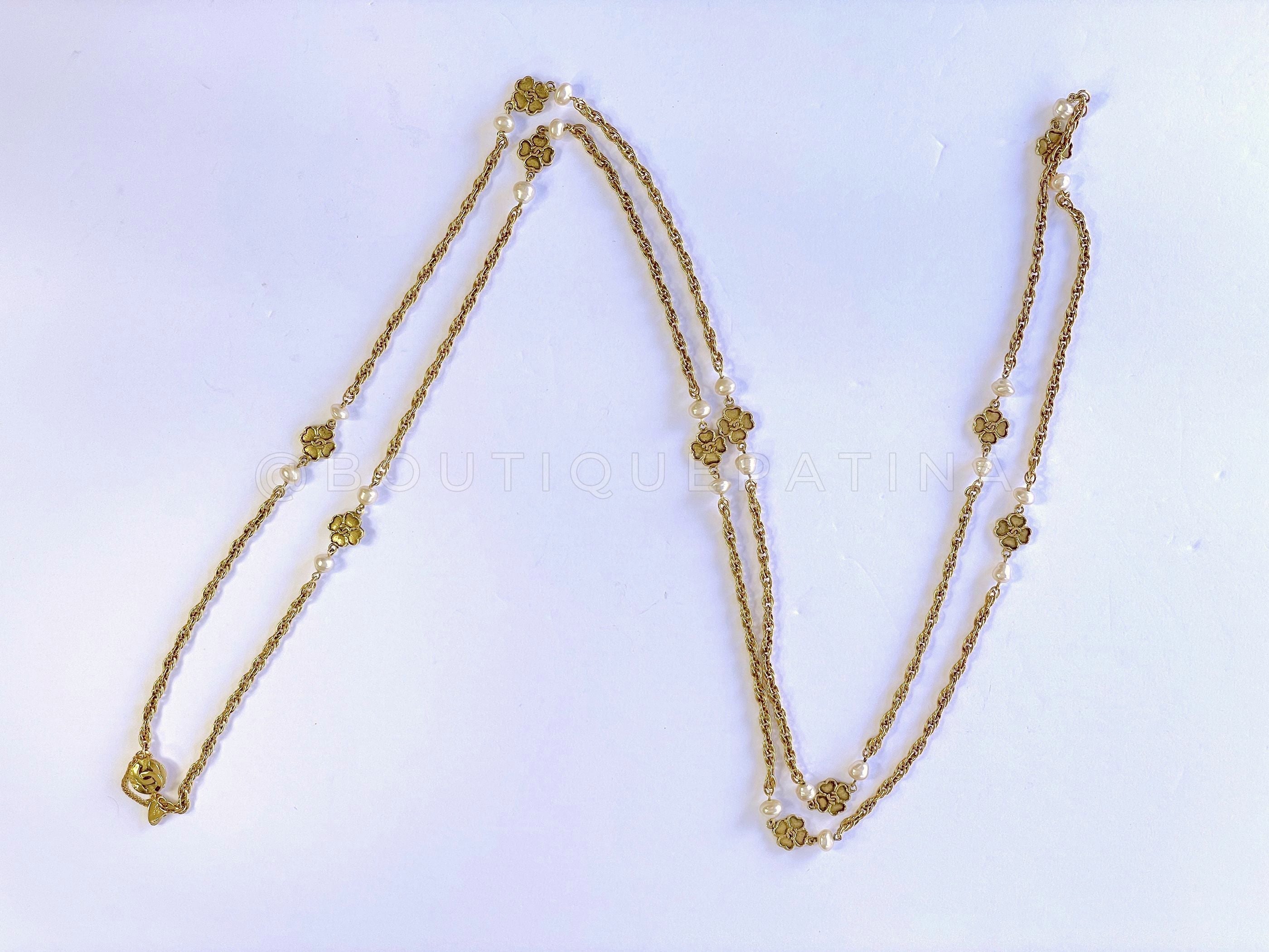 Chanel 1983 Vintage 74" Long Station Necklace Camellia Logos and Pearl