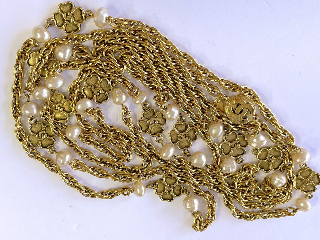 Chanel 1983 Vintage 74" Long Station Necklace Camellia Logos and Pearl