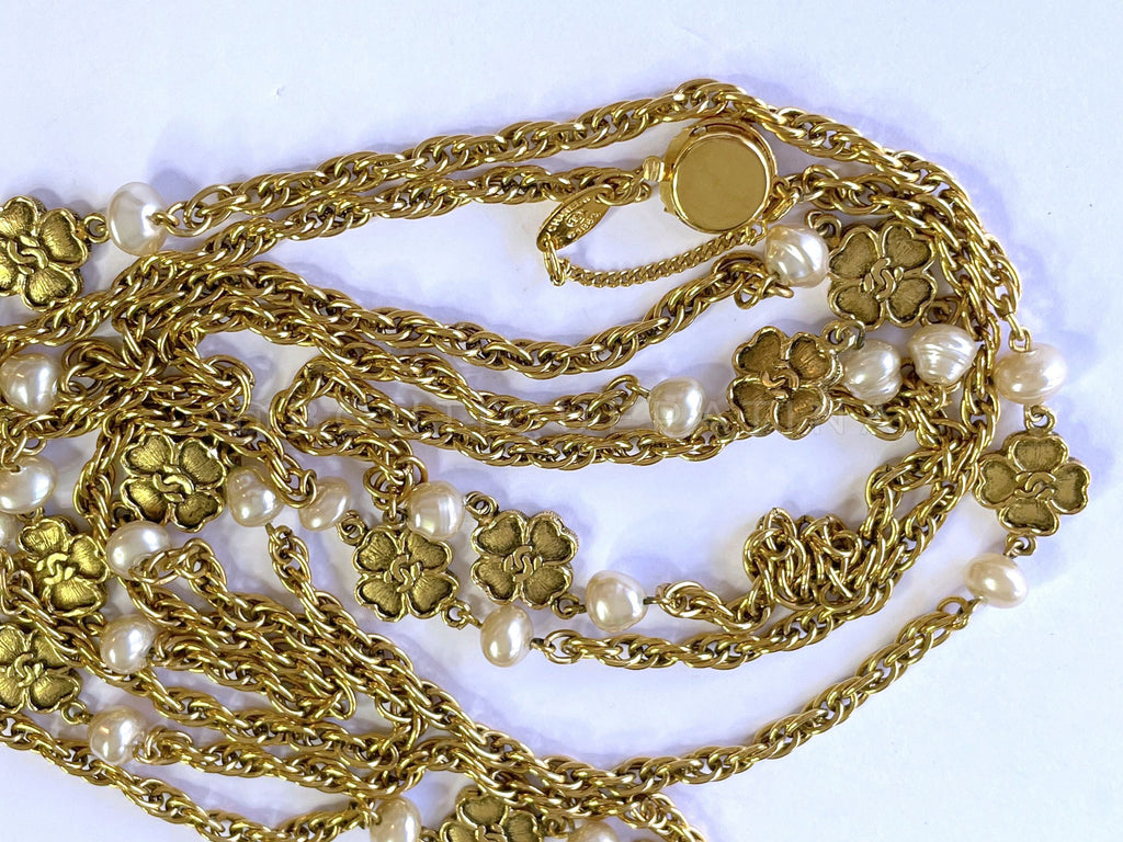 Chanel 1983 Vintage 74" Long Station Necklace Camellia Logos and Pearl
