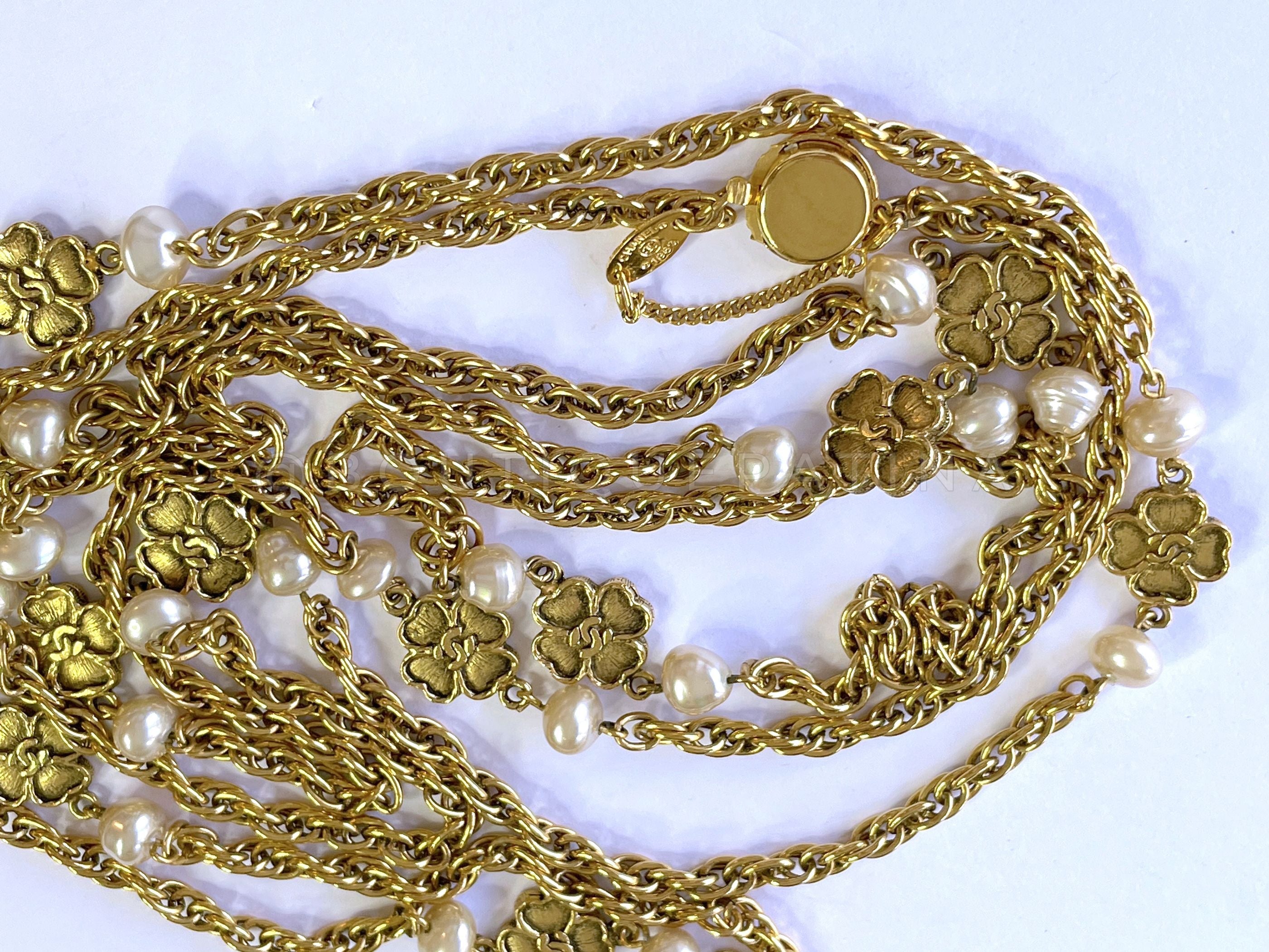 Chanel 1983 Vintage 74" Long Station Necklace Camellia Logos and Pearl
