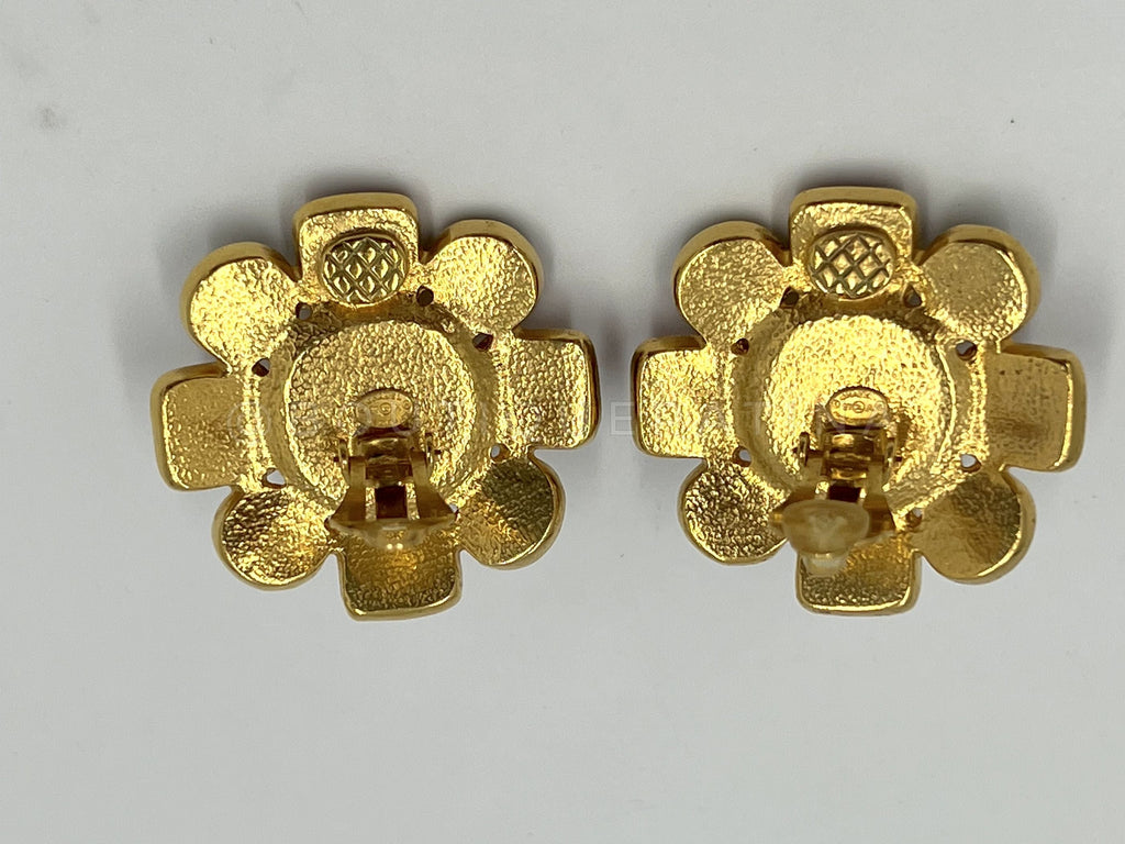 Chanel Vintage 97A Red and Blue-Gray Gripoix and Pearl Large Stud Earrings