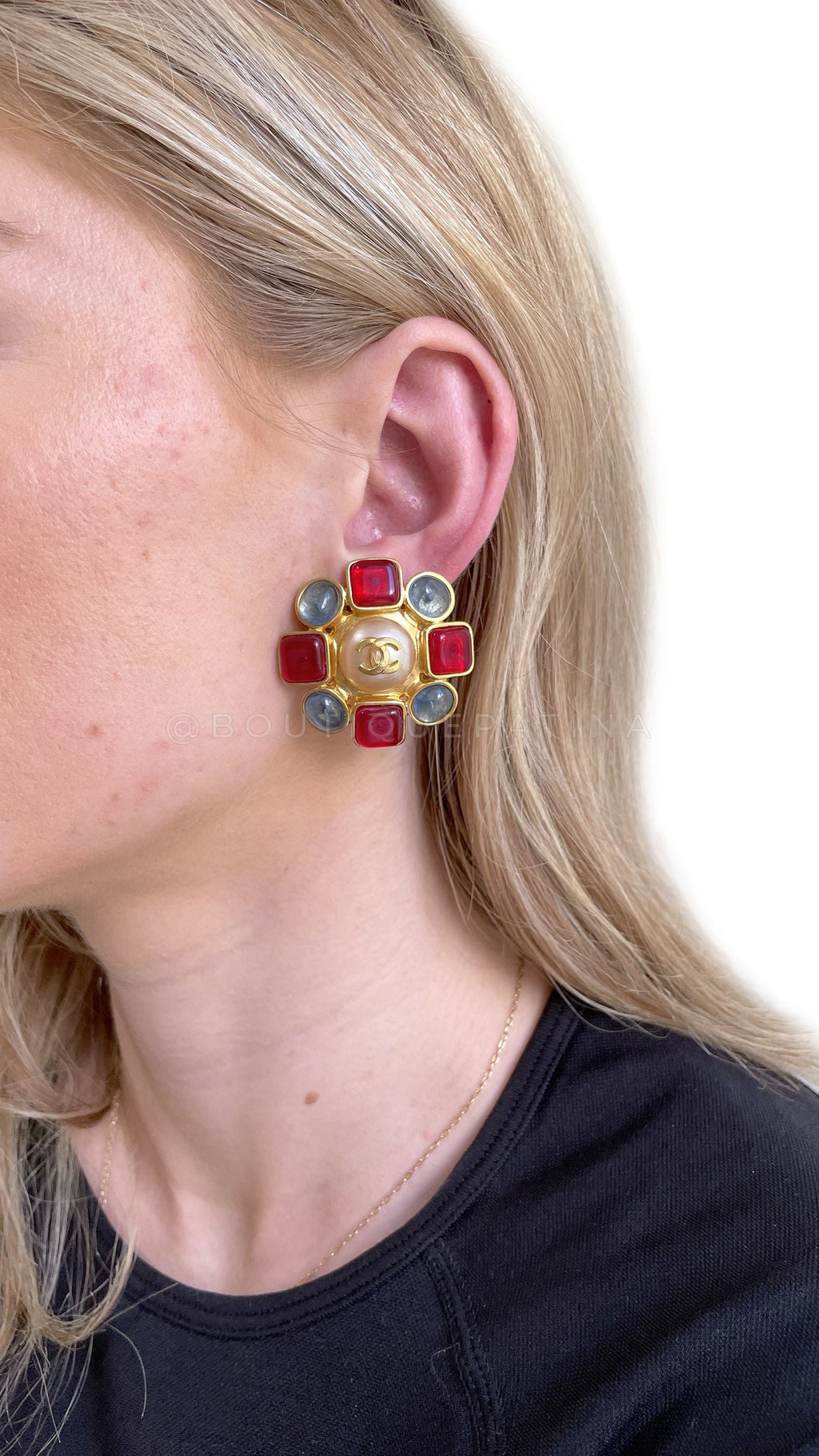 Chanel Vintage 97A Red and Blue-Gray Gripoix and Pearl Large Stud Earrings