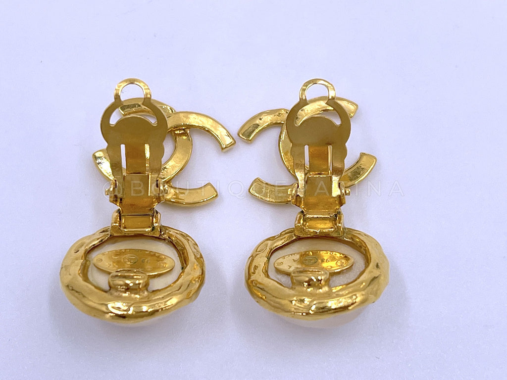 Chanel Vintage 93A Large Pearl and CC Drop Dangle Earrings