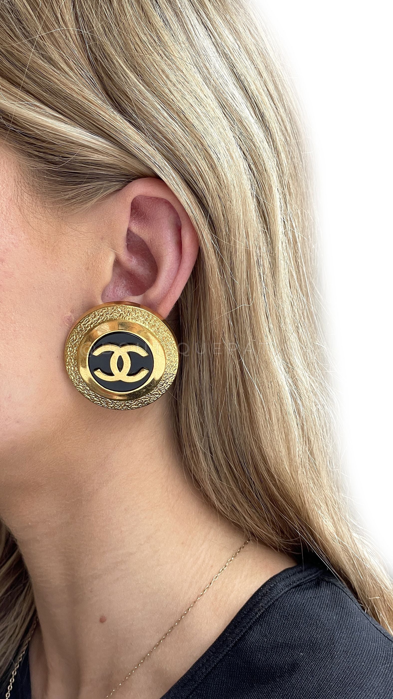Chanel Large Stud Earrings Vintage Collection 29 Oversized Statement Giant Gold and Black CC Logo