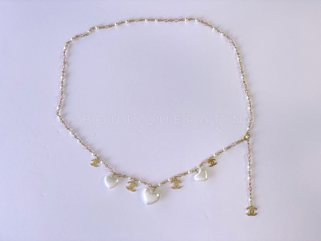 Chanel 21B Coco Neige Pearl Heart Crystal and Pink Stone Belt Necklace