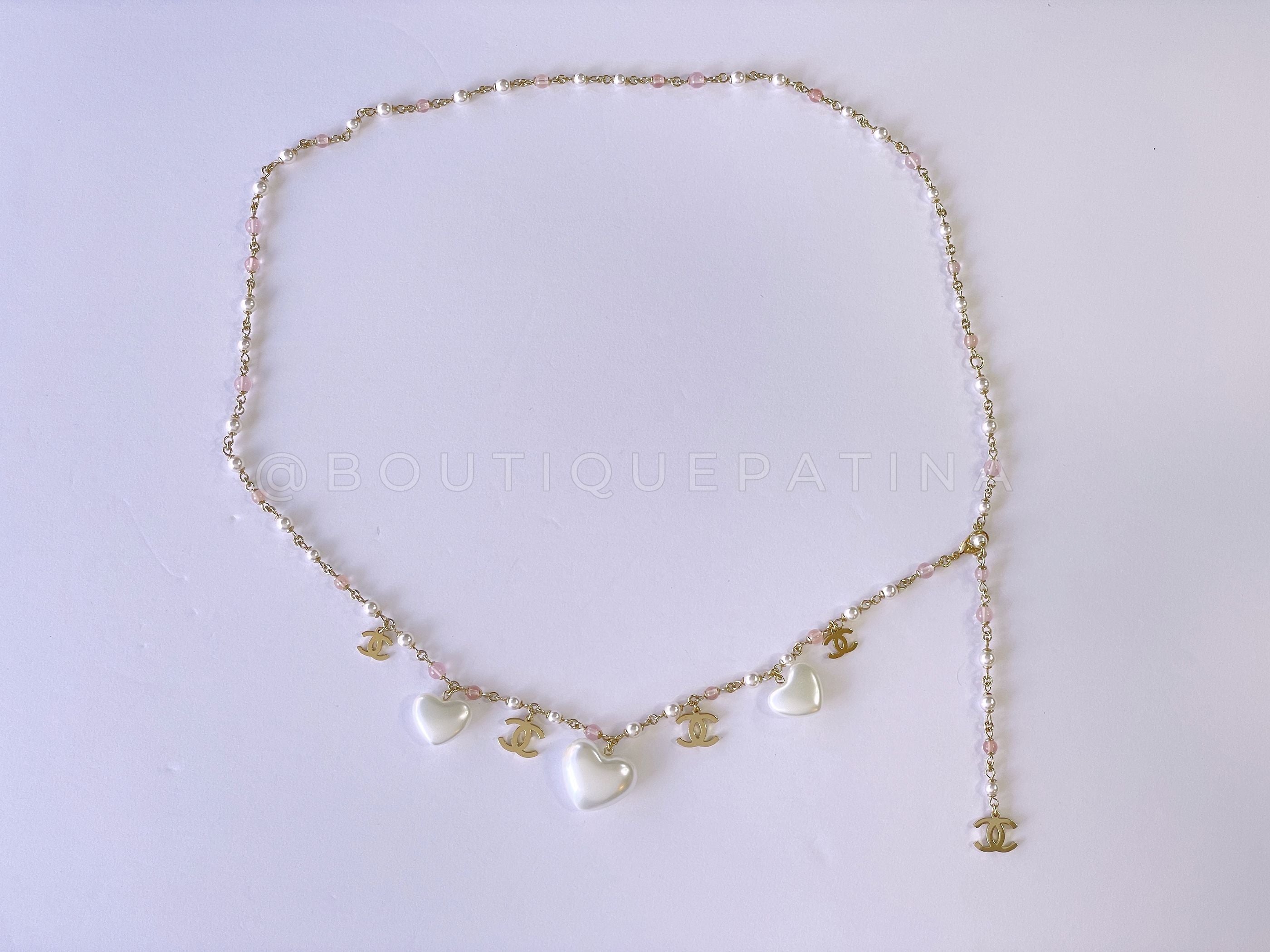 Chanel 21B Coco Neige Pearl Heart Crystal and Pink Stone Belt Necklace