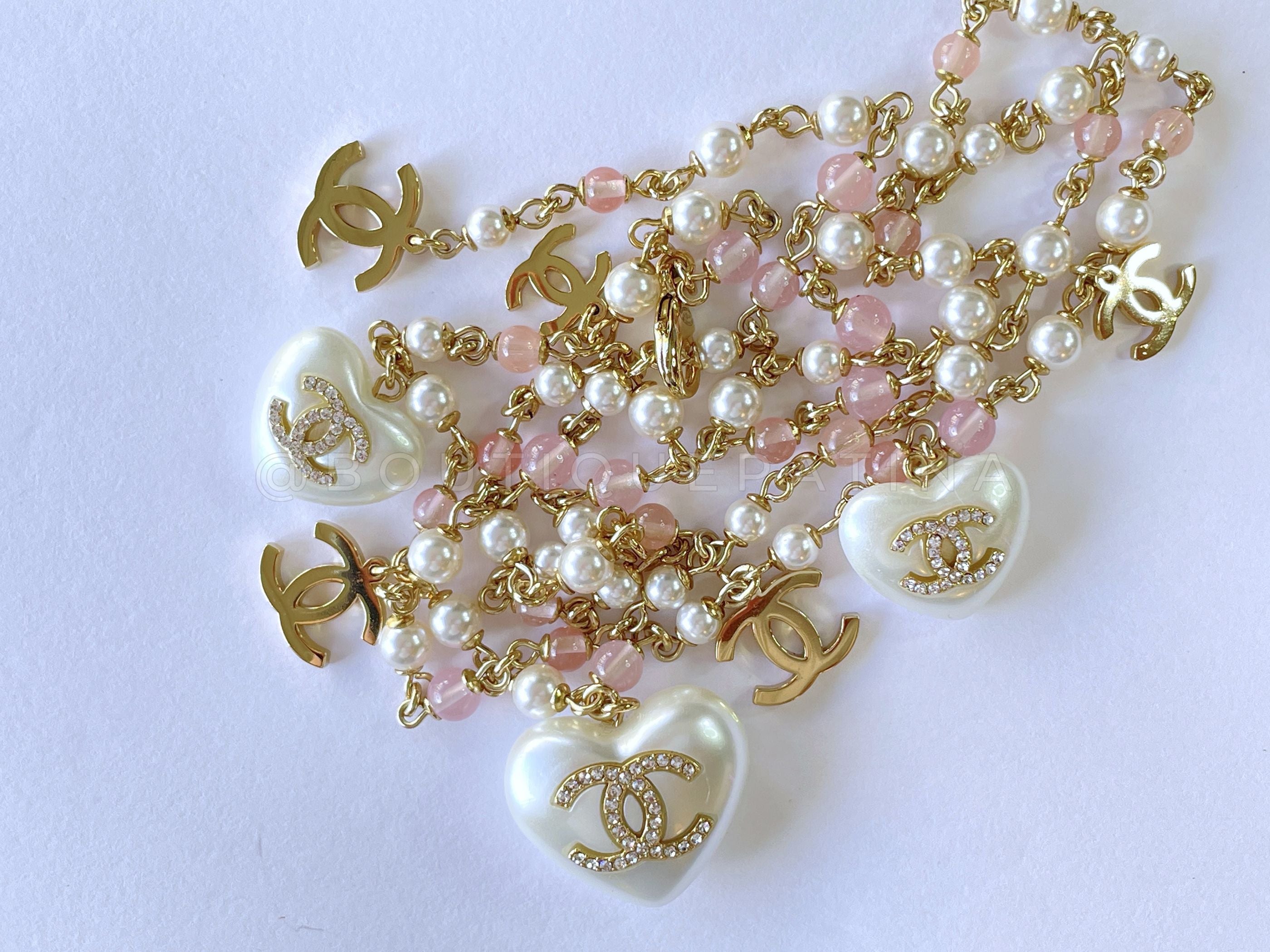 Chanel 21B Coco Neige Pearl Heart Crystal and Pink Stone Belt Necklace