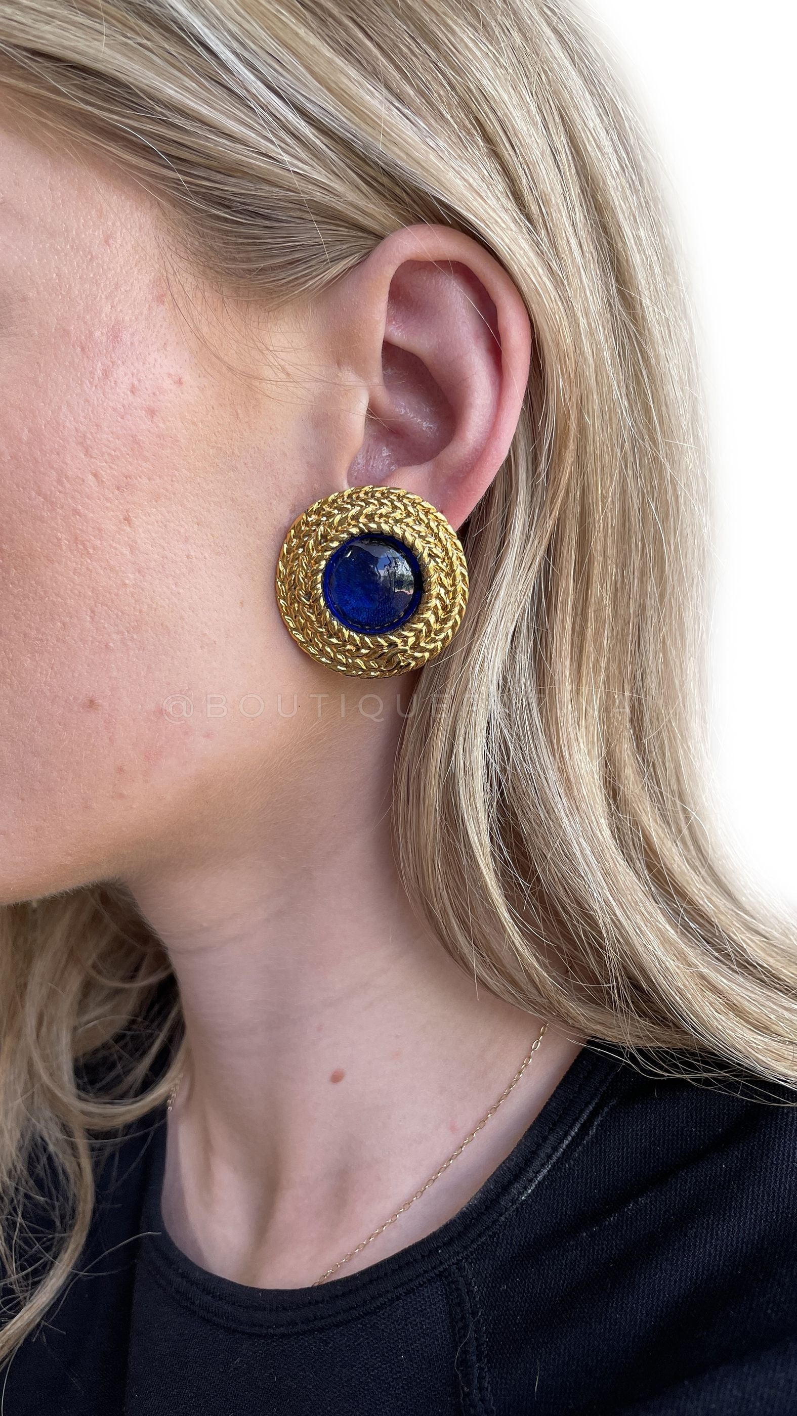 Chanel Vintage Blue Gripoix Large Stud Earrings