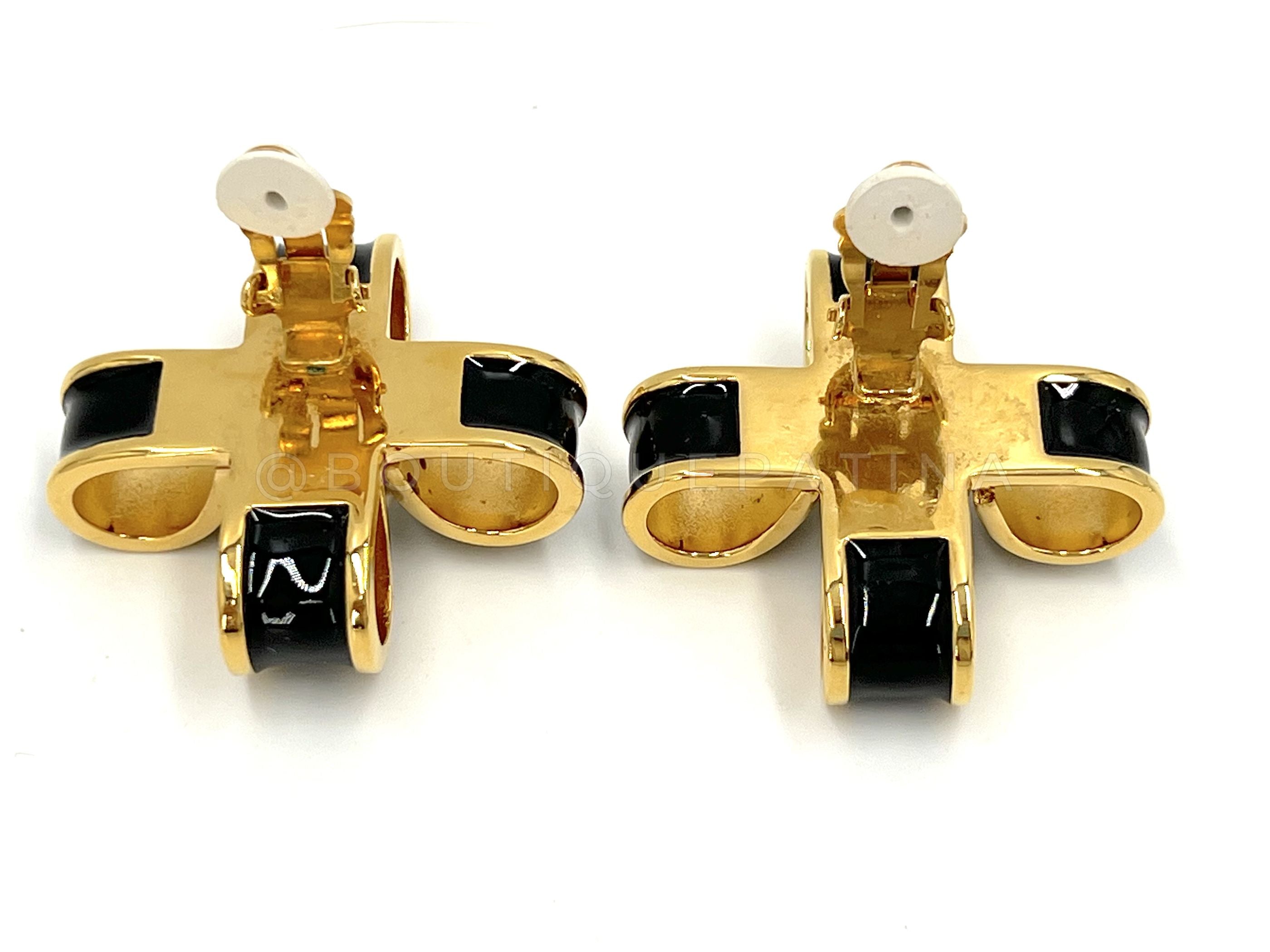 Chanel Vintage 1980s Black, Gold and Pearl Ribbon Cross Large Stud Earrings