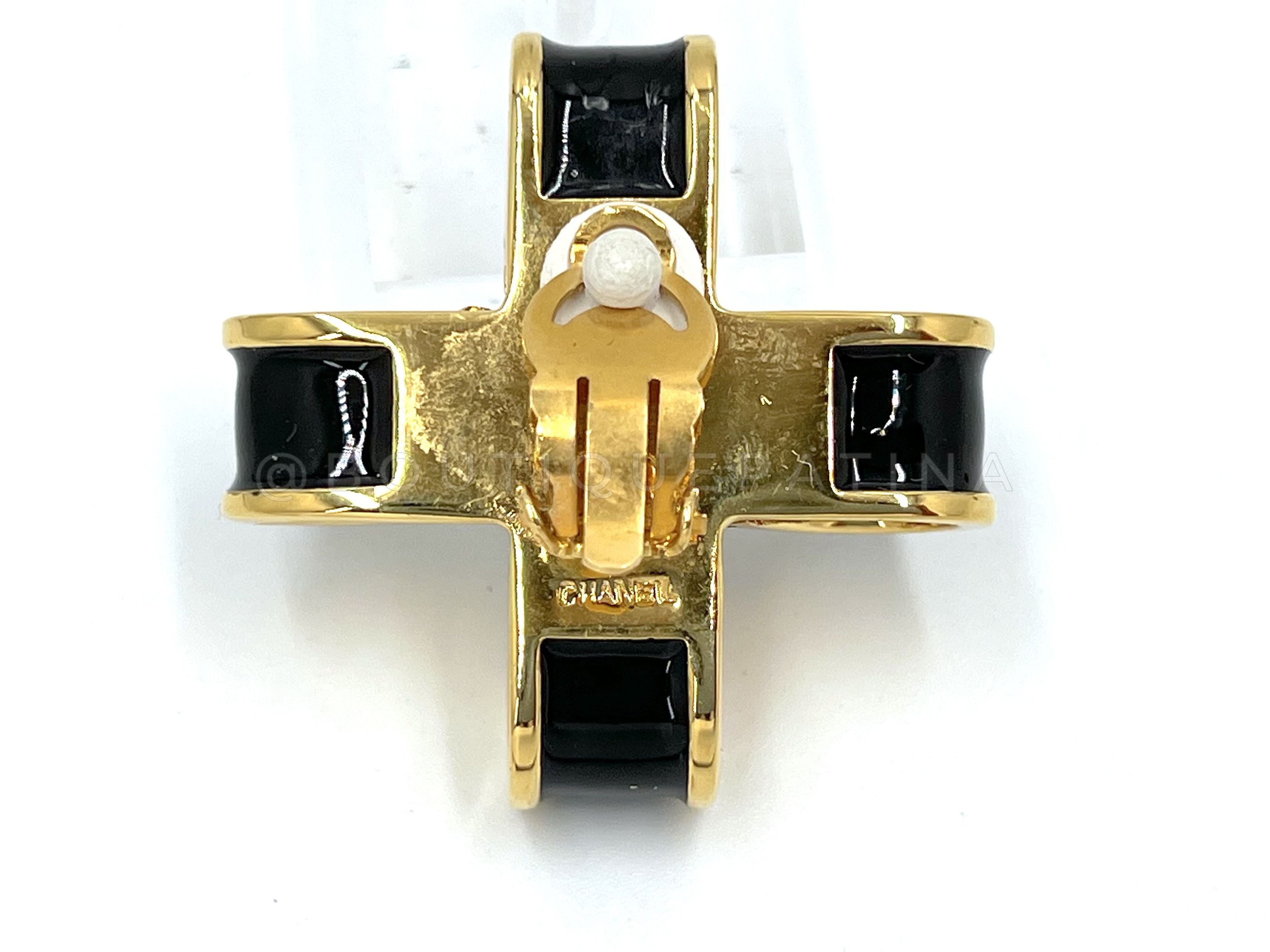 Chanel Vintage 1980s Black, Gold and Pearl Ribbon Cross Large Stud Earrings
