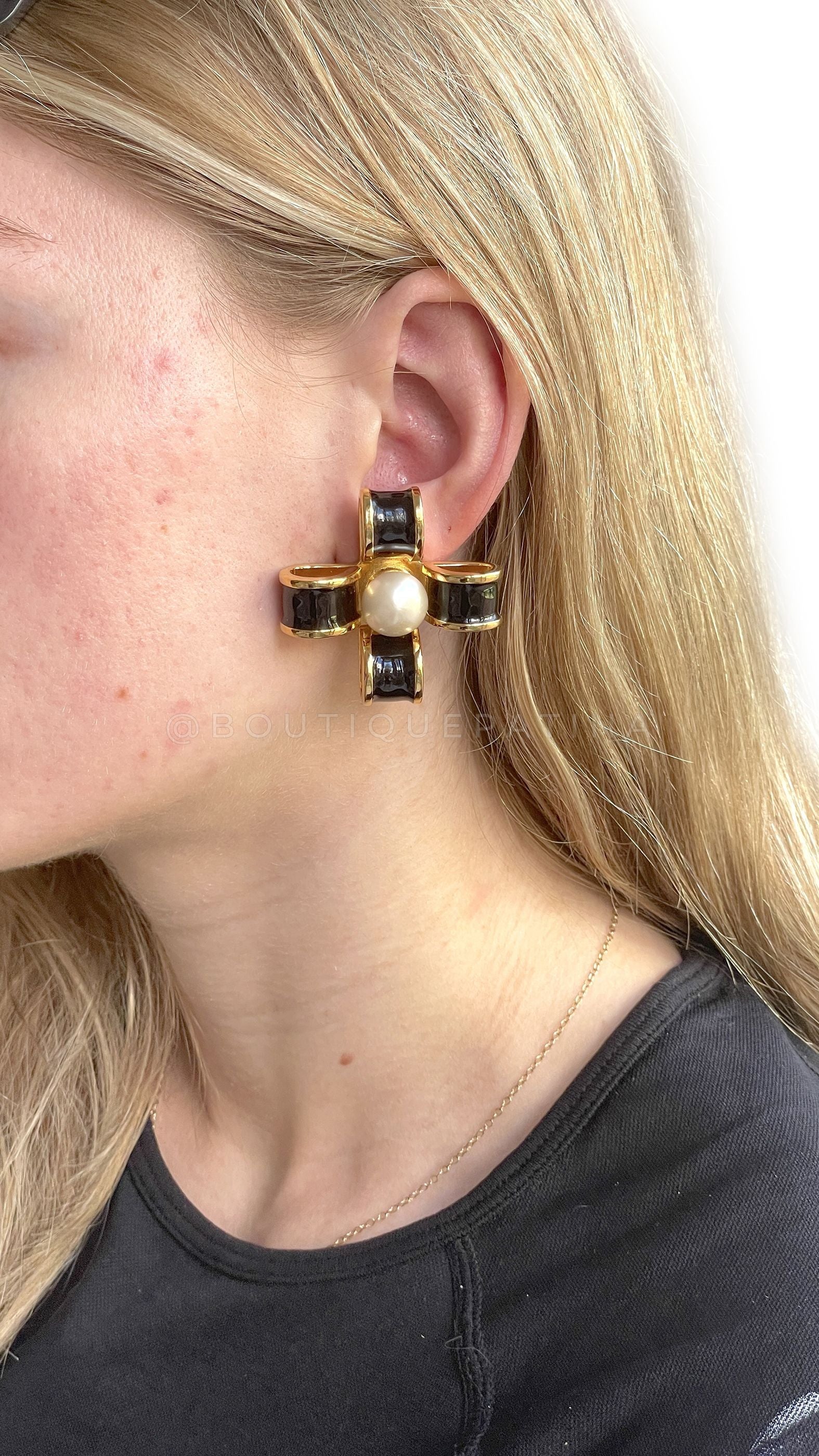Chanel Vintage 1980s Black, Gold and Pearl Ribbon Cross Large Stud Earrings