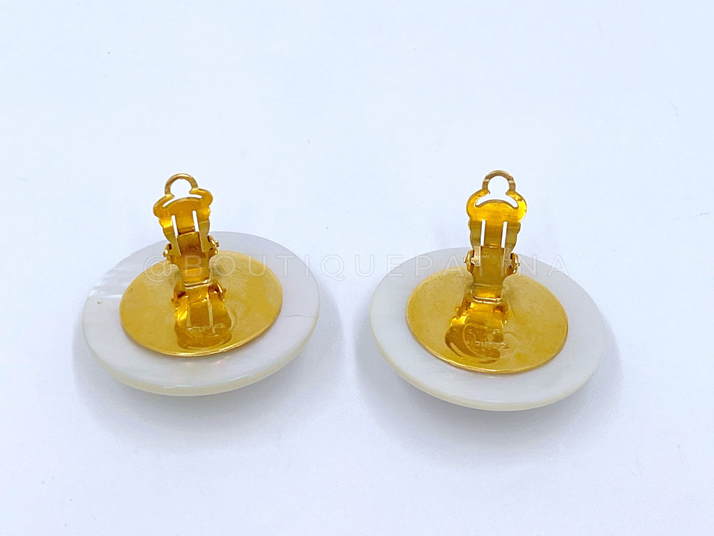 Chanel Mother of Pearl Earrings Giant Vintage and Black Woven Large Disc Stud