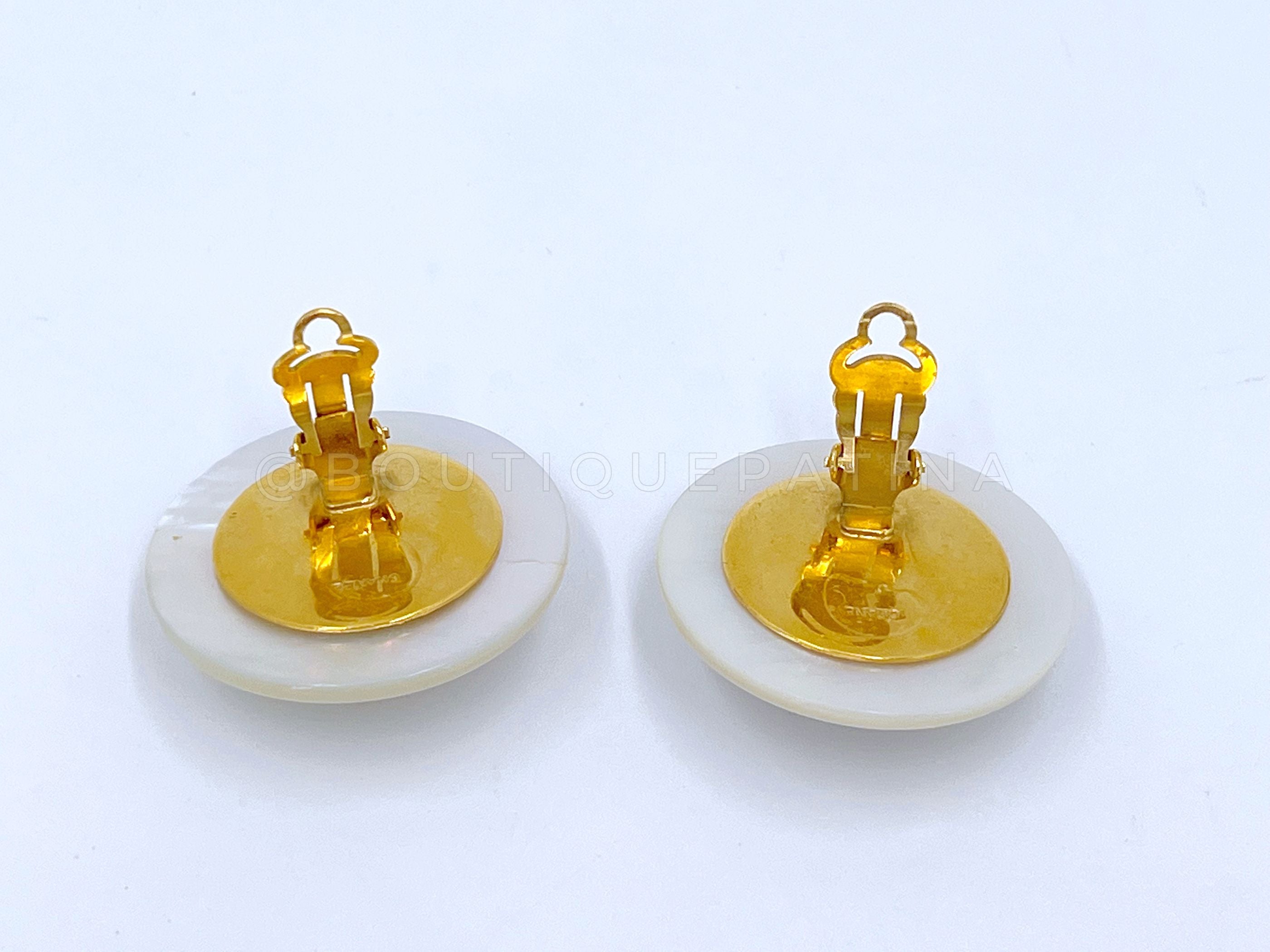 Chanel Mother of Pearl Earrings Giant Vintage and Black Woven Large Disc Stud