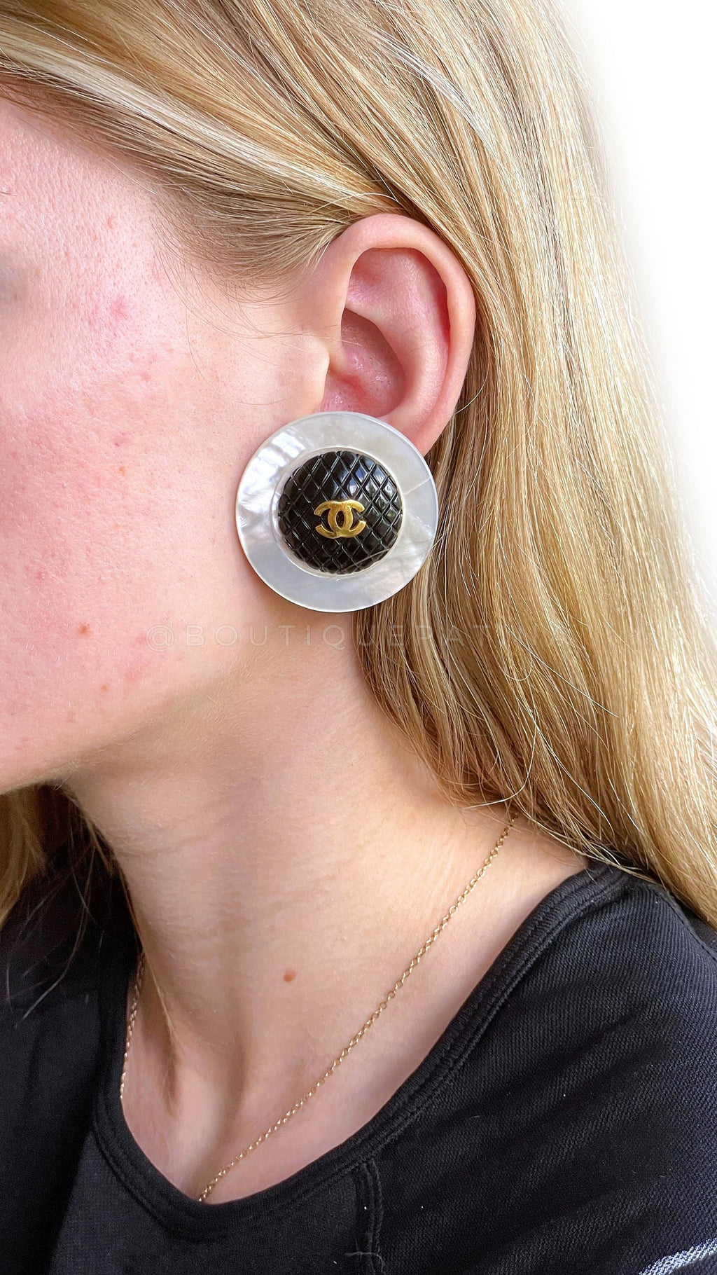 Chanel Mother of Pearl Earrings Giant Vintage and Black Woven Large Disc Stud